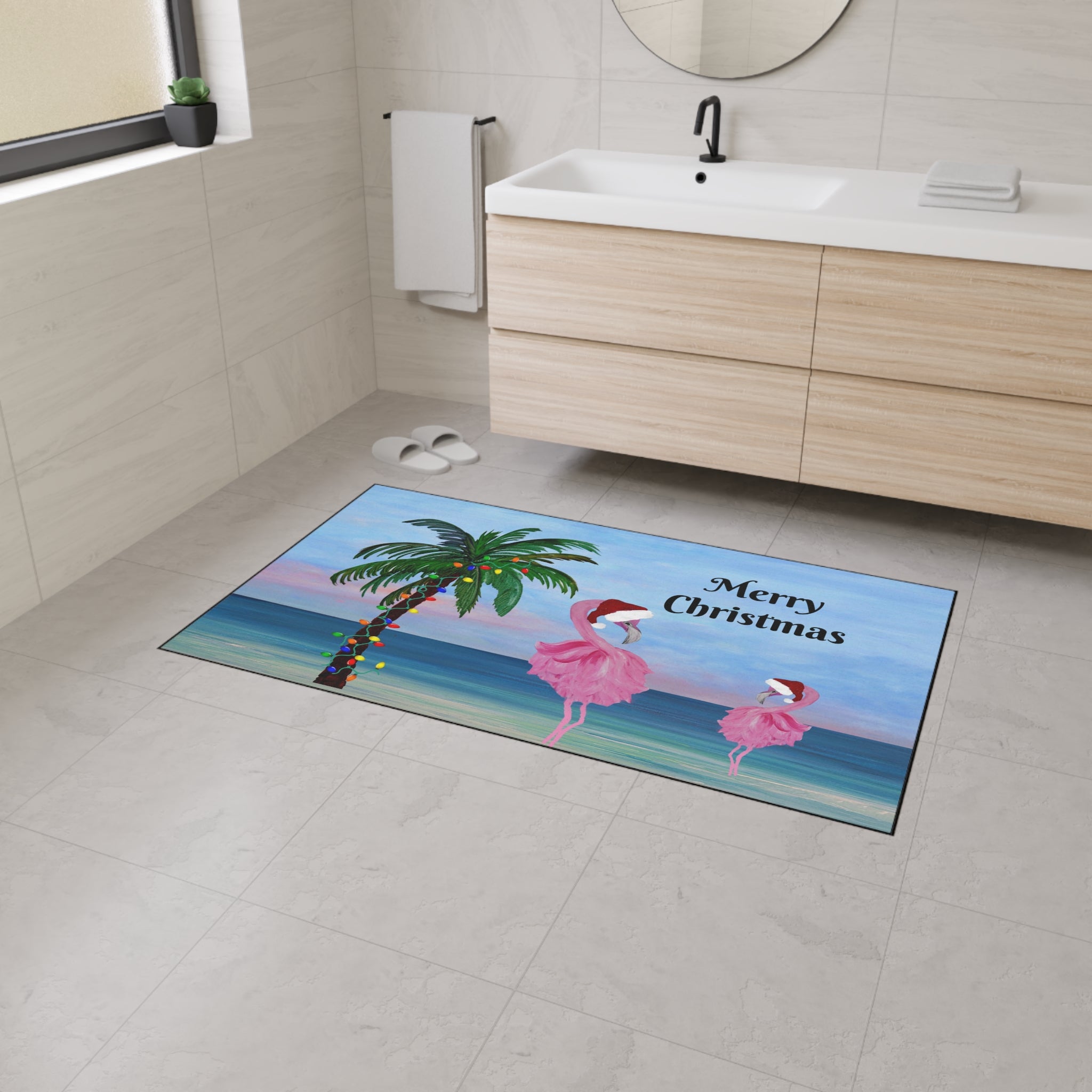 Christmas Beach Floor Mat — "Merry Christmas" Palm & Flamingo Holiday Doormat