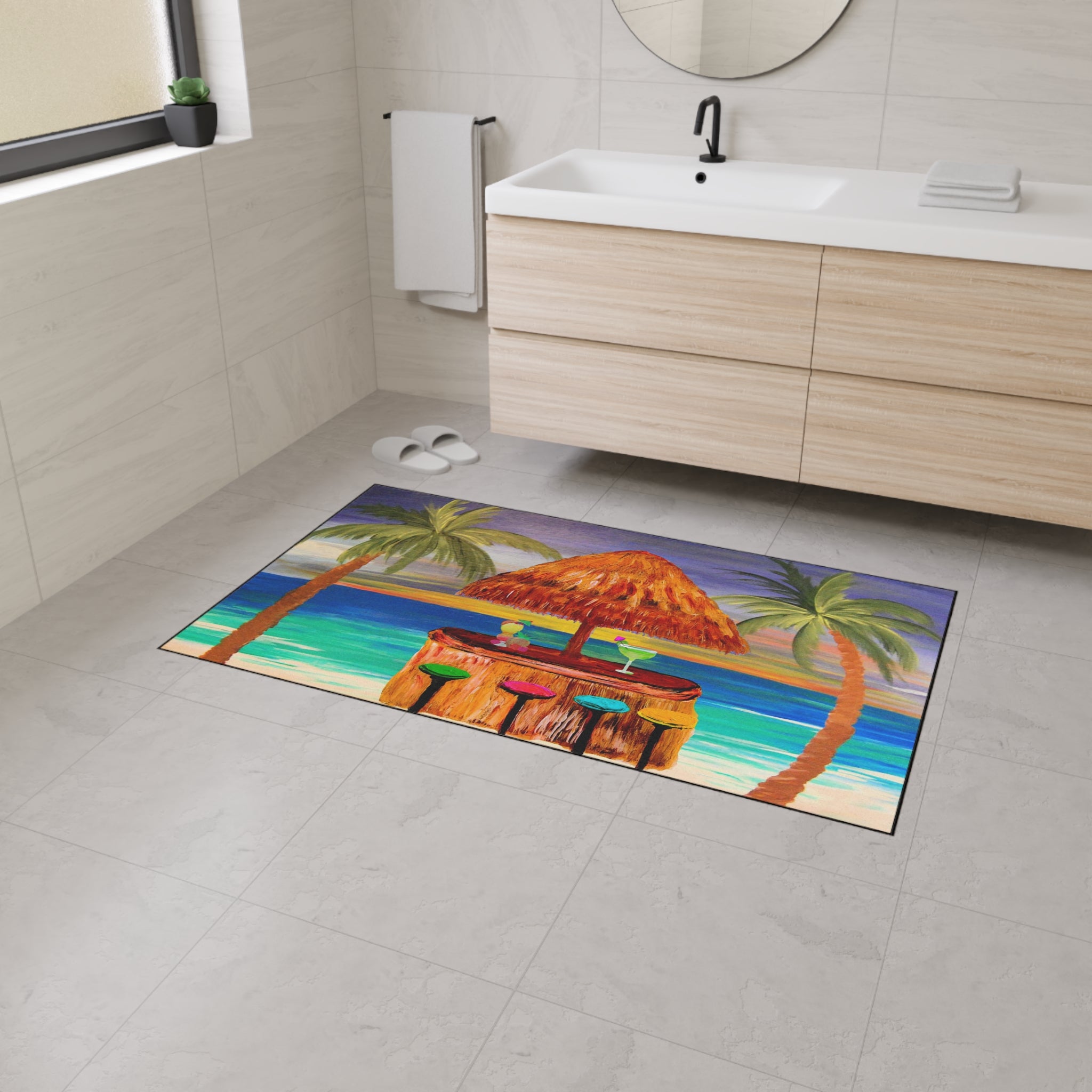 Tiki Bar Floor Mat – Tropical Beach Doormat with Palm Trees & Cocktail Design