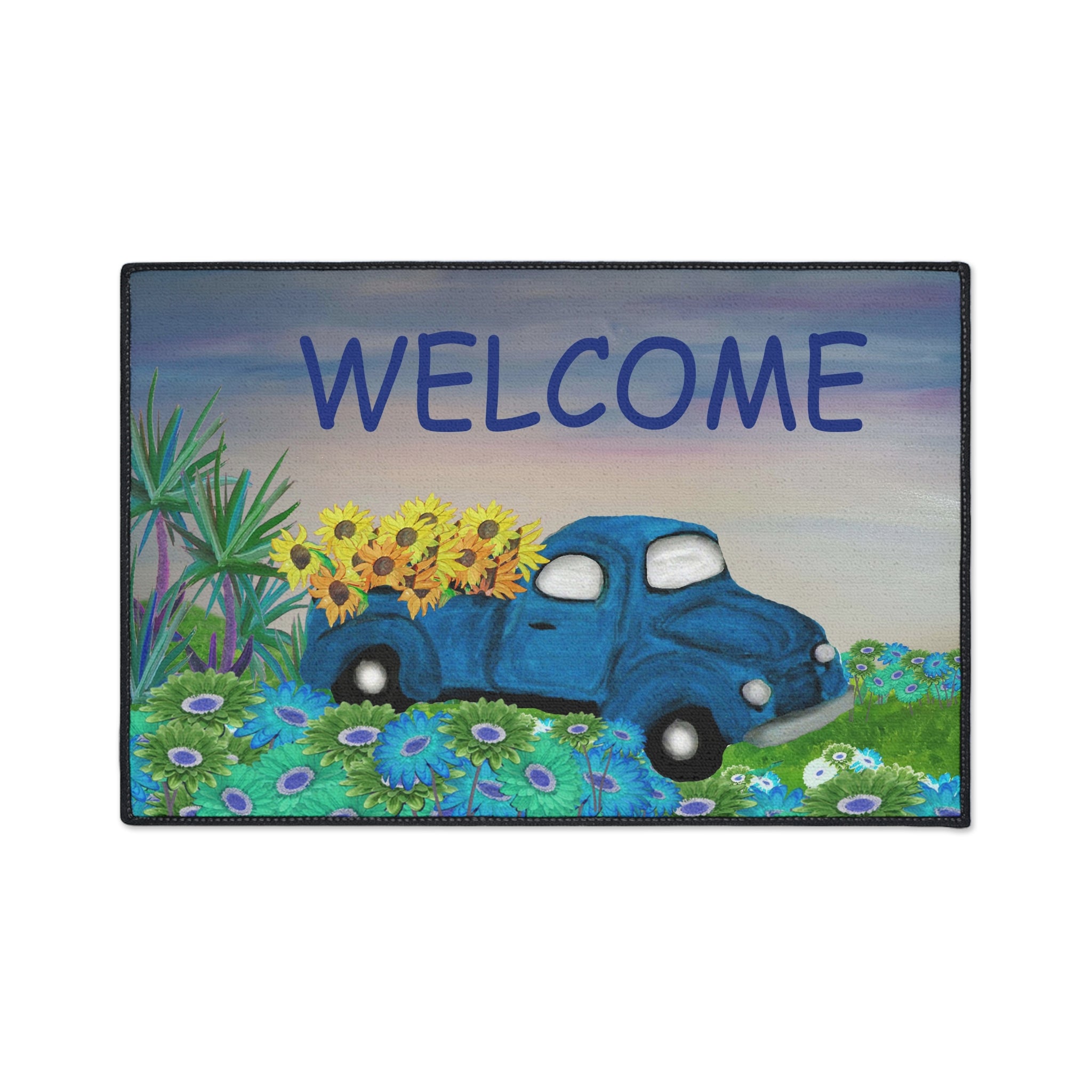 Welcome Blue Truck Doormat - Heavy Duty Floor Mat with Sunflowers
