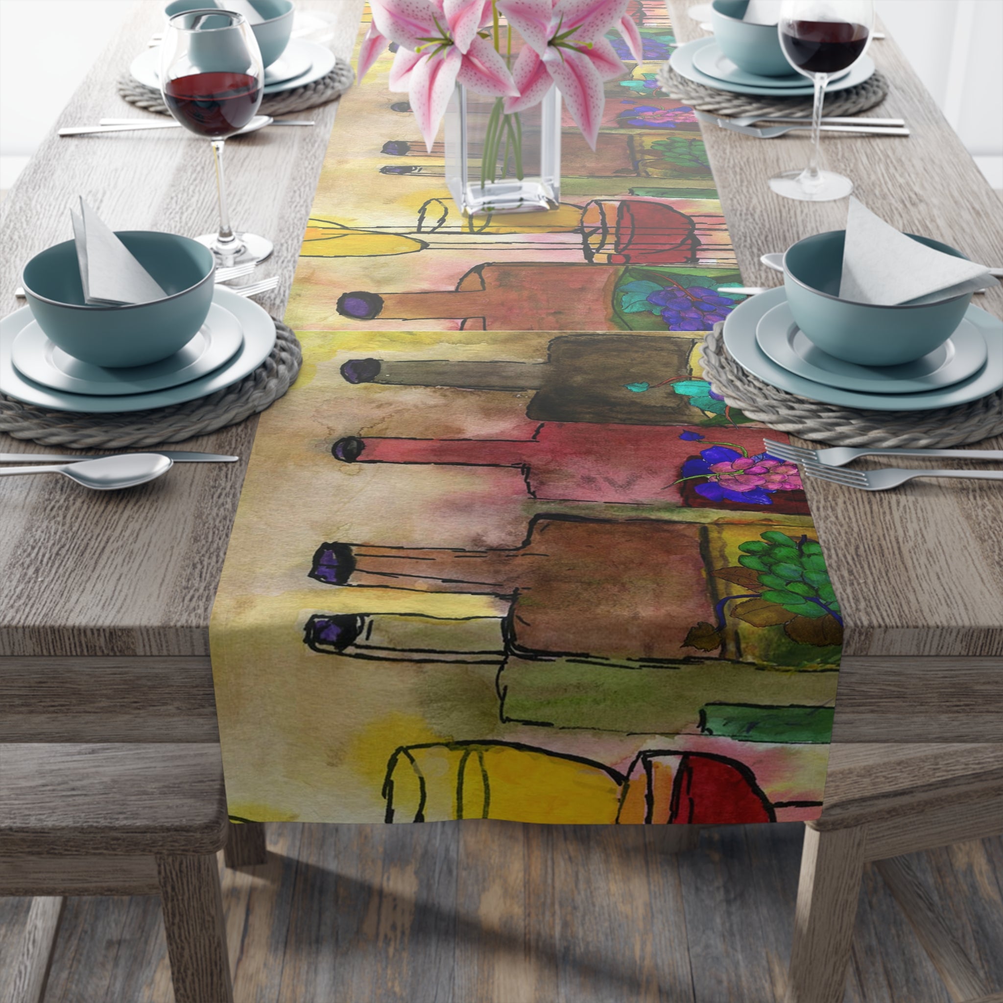 Wine Bottles & Vases Table Runner — Watercolor Rustic Farmhouse Decor