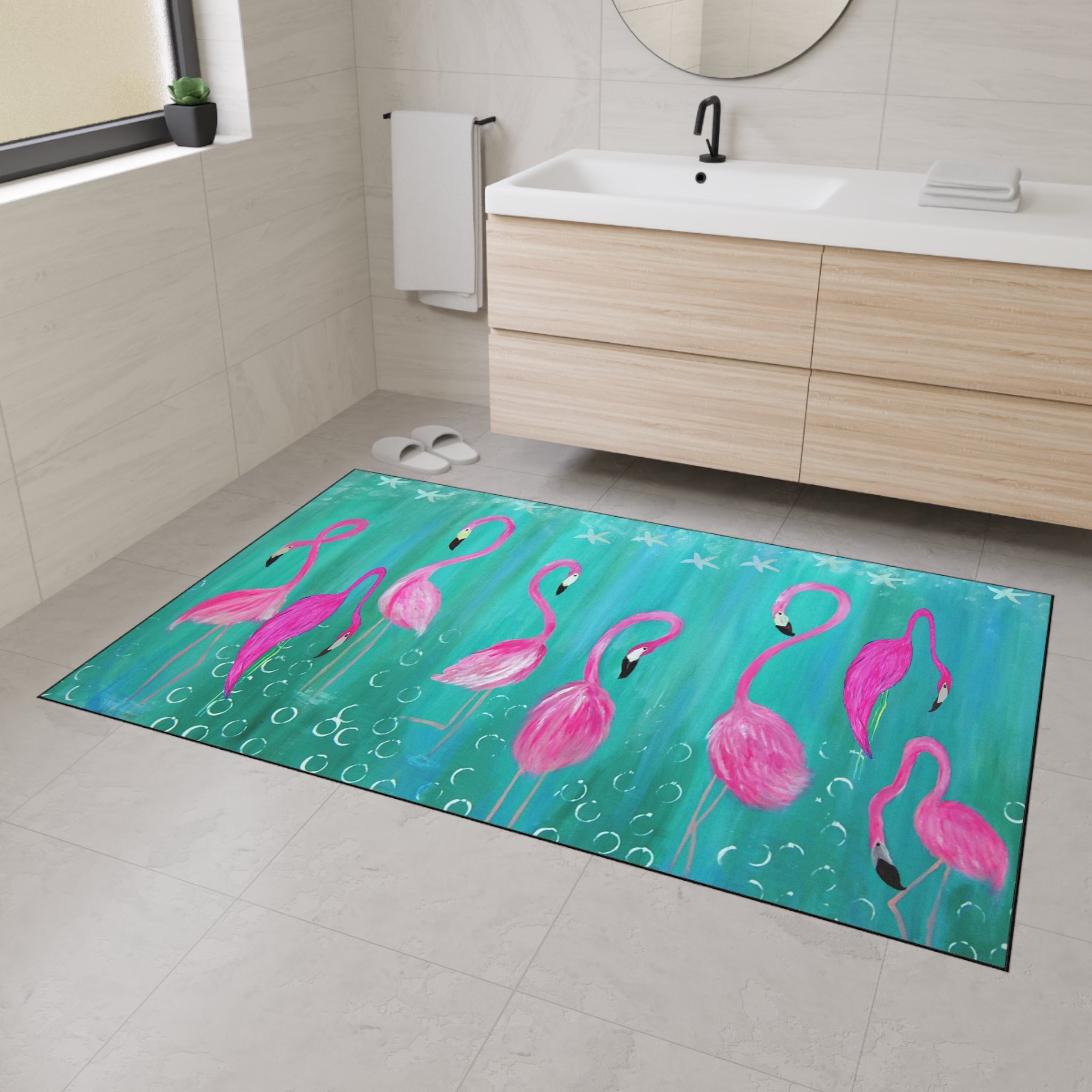 Flamingo Beach Floor Mat — Vibrant Pink Flamingos on Teal Non-Slip Mat
