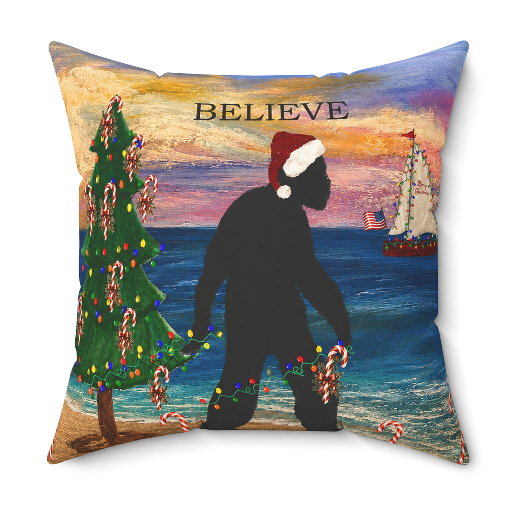 Believe Bigfoot Funny Nautical Holiday Christmas Throw Pillow