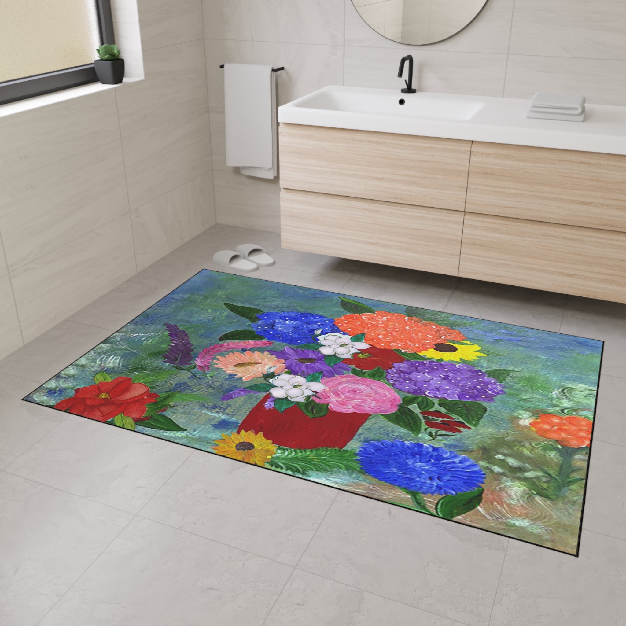 Floral Bouquet Heavy-Duty Floor Mat — Colorful Painted Flowers Entrance Rug
