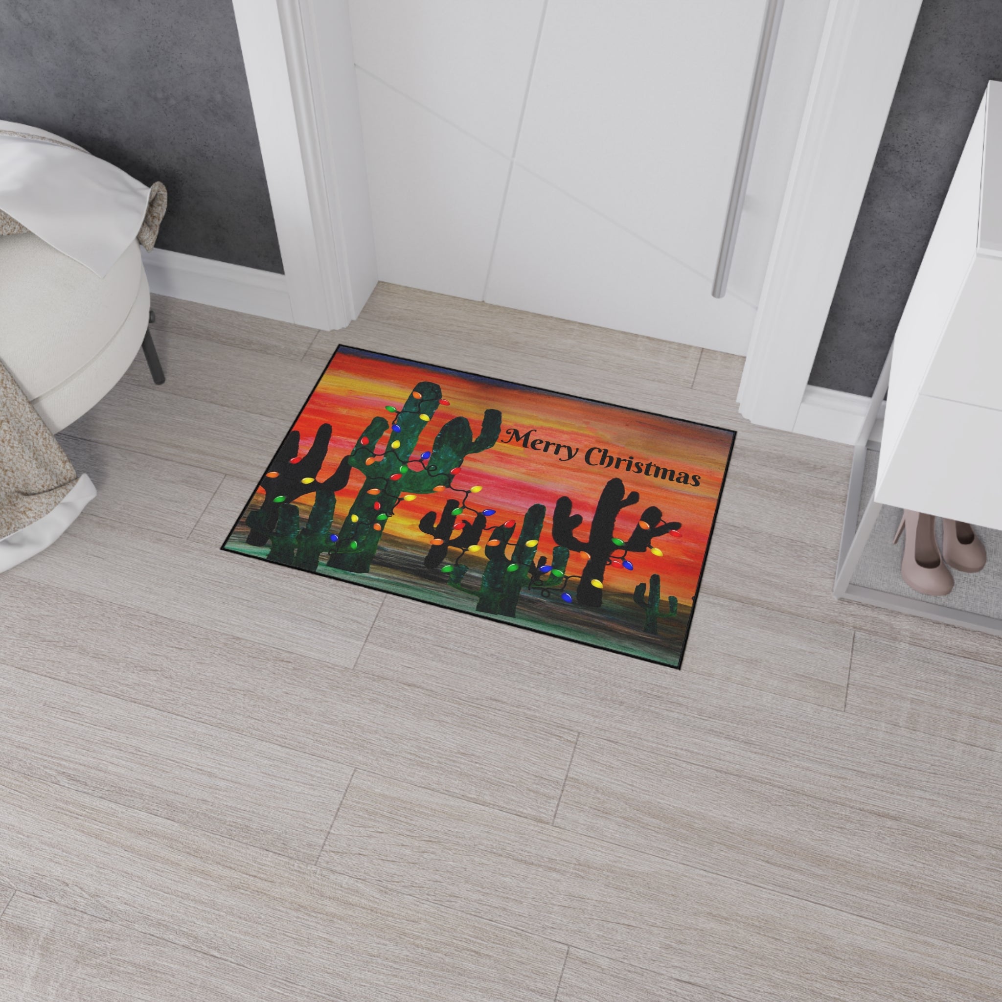 Christmas Cactus Doormat - "Merry Christmas" Desert Sunset Floor Mat