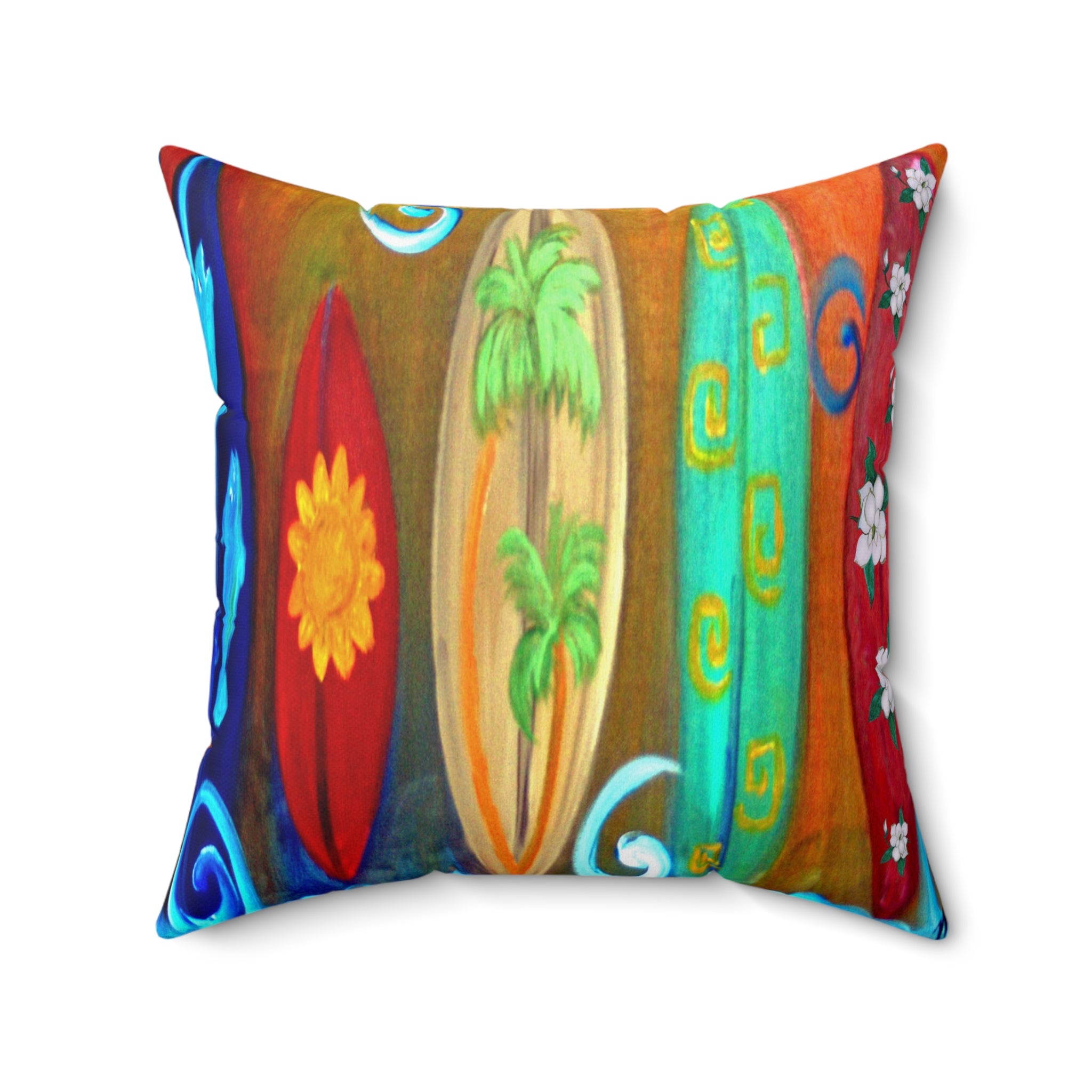 Surfboard Art Decorative Pillow — Colorful Tropical Beach Throw Pillow