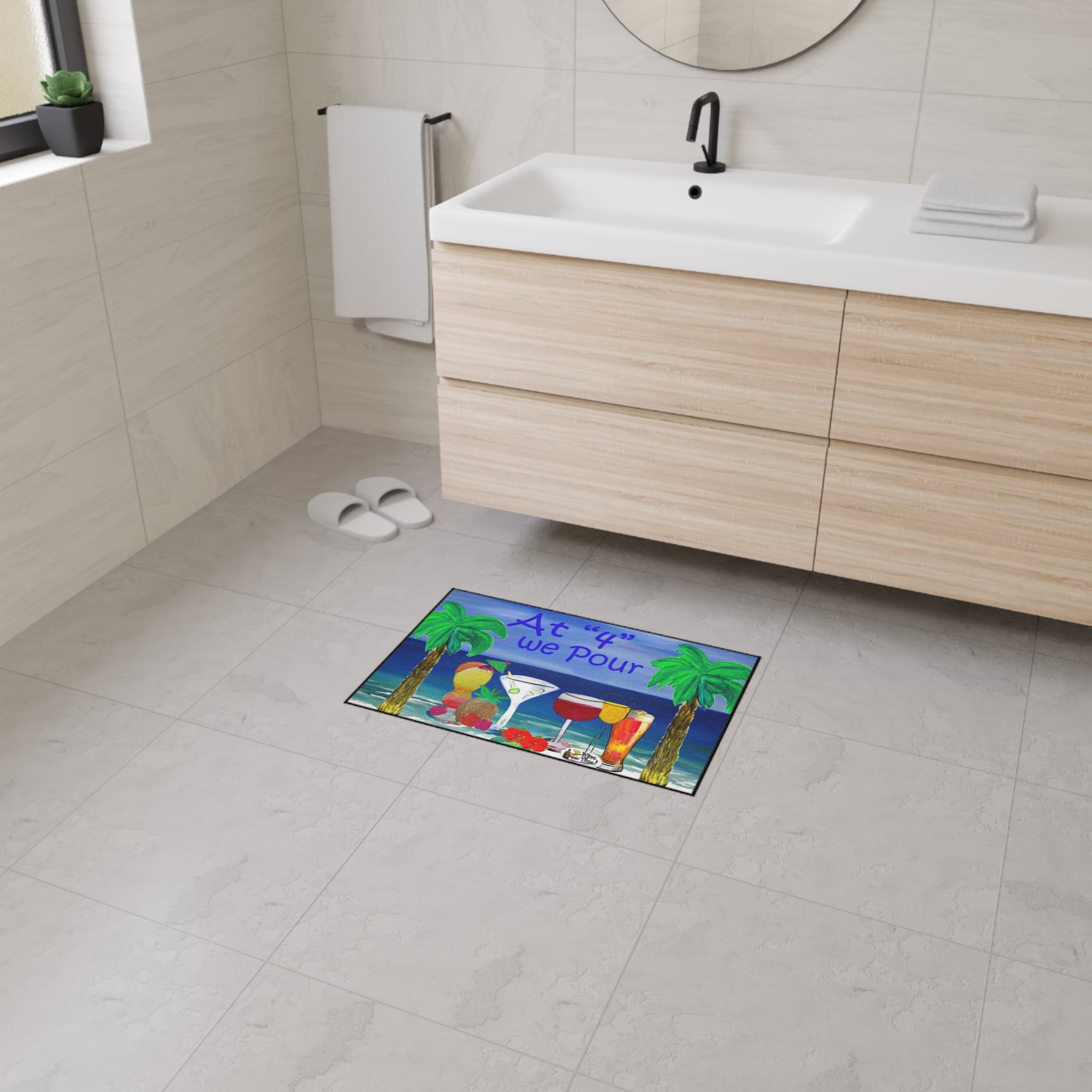 Heavy Duty Floor Mat — "At '4' We Pour" Tropical Cocktail Beach Design