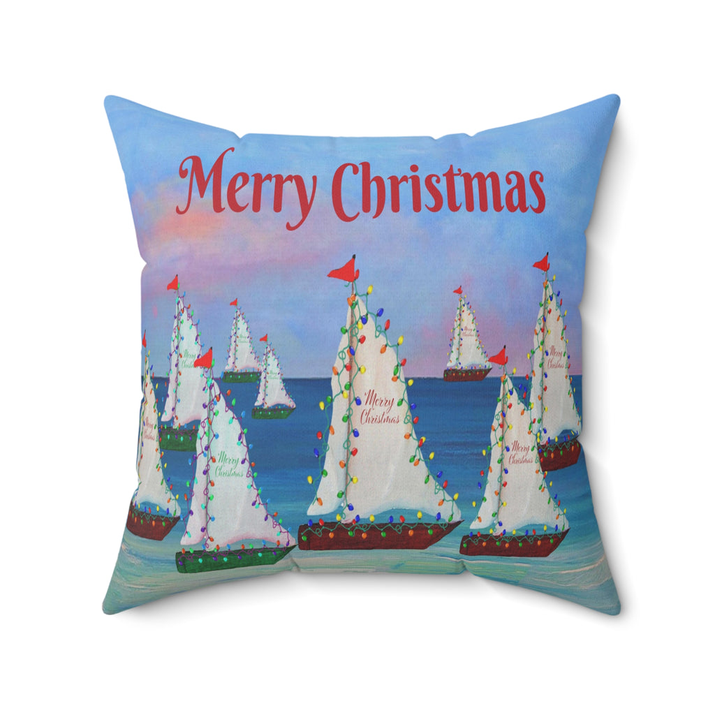 Merry Christmas Sailboat Pillow — Coastal Holiday Decorative Throw Pillow