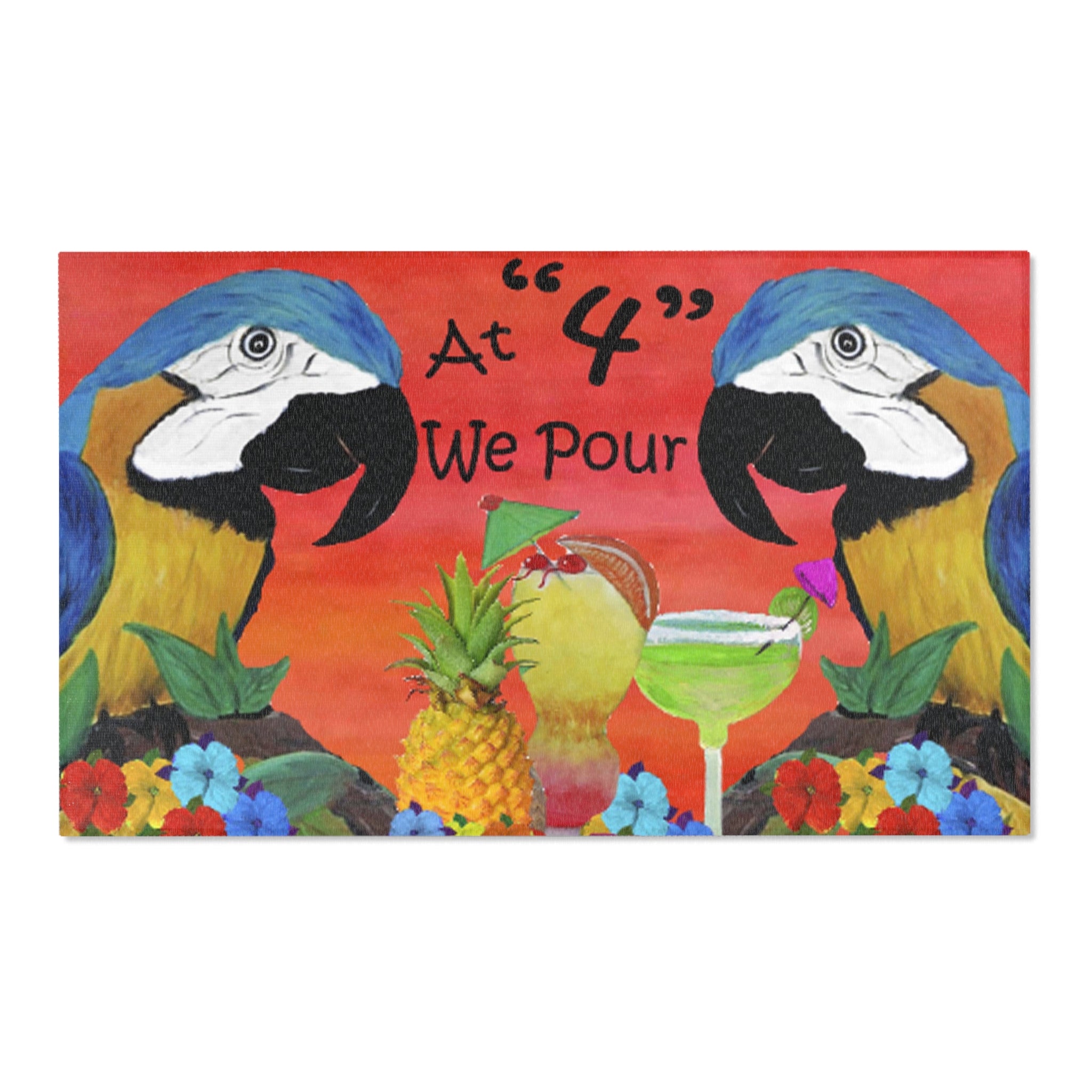 Tropical Parrot Cocktail Area Rug — "At 4 We Pour" Colorful Beach Vibe Mat