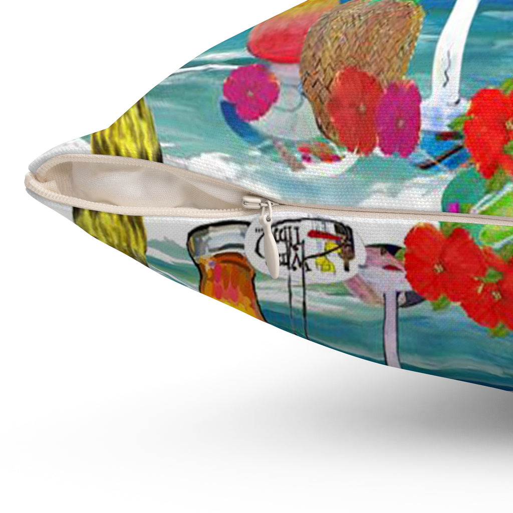 Beach Cocktail Pillow — "At 4 we Pour" Tropical Drink Decorative Throw Pillow