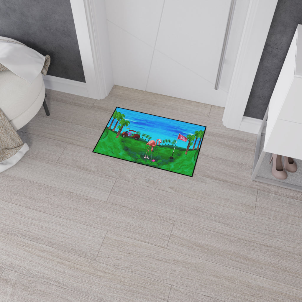 Golf Flamingo Heavy Duty Floor Mat — Tropical 18th Hole Welcome Mat