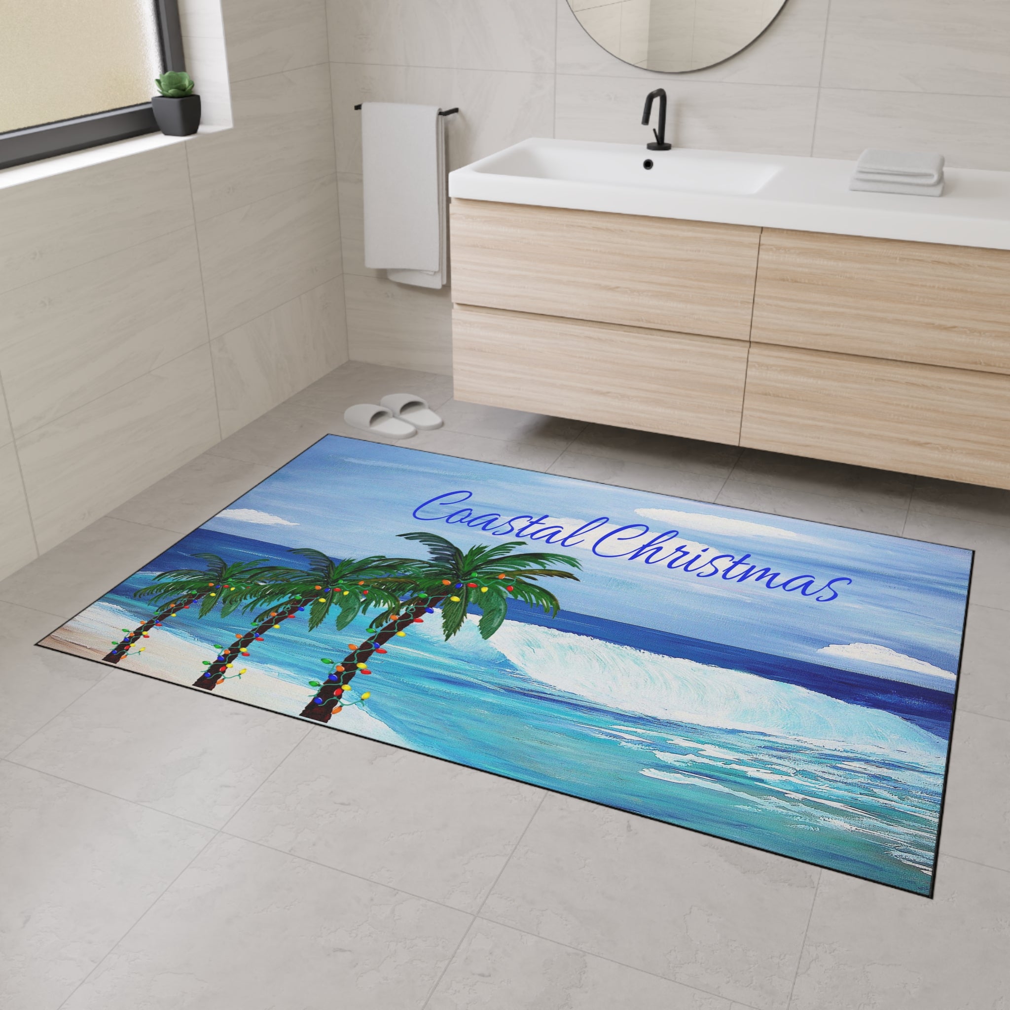 Coastal Christmas Floor Mat — Beach Palm Trees Holiday Doormat