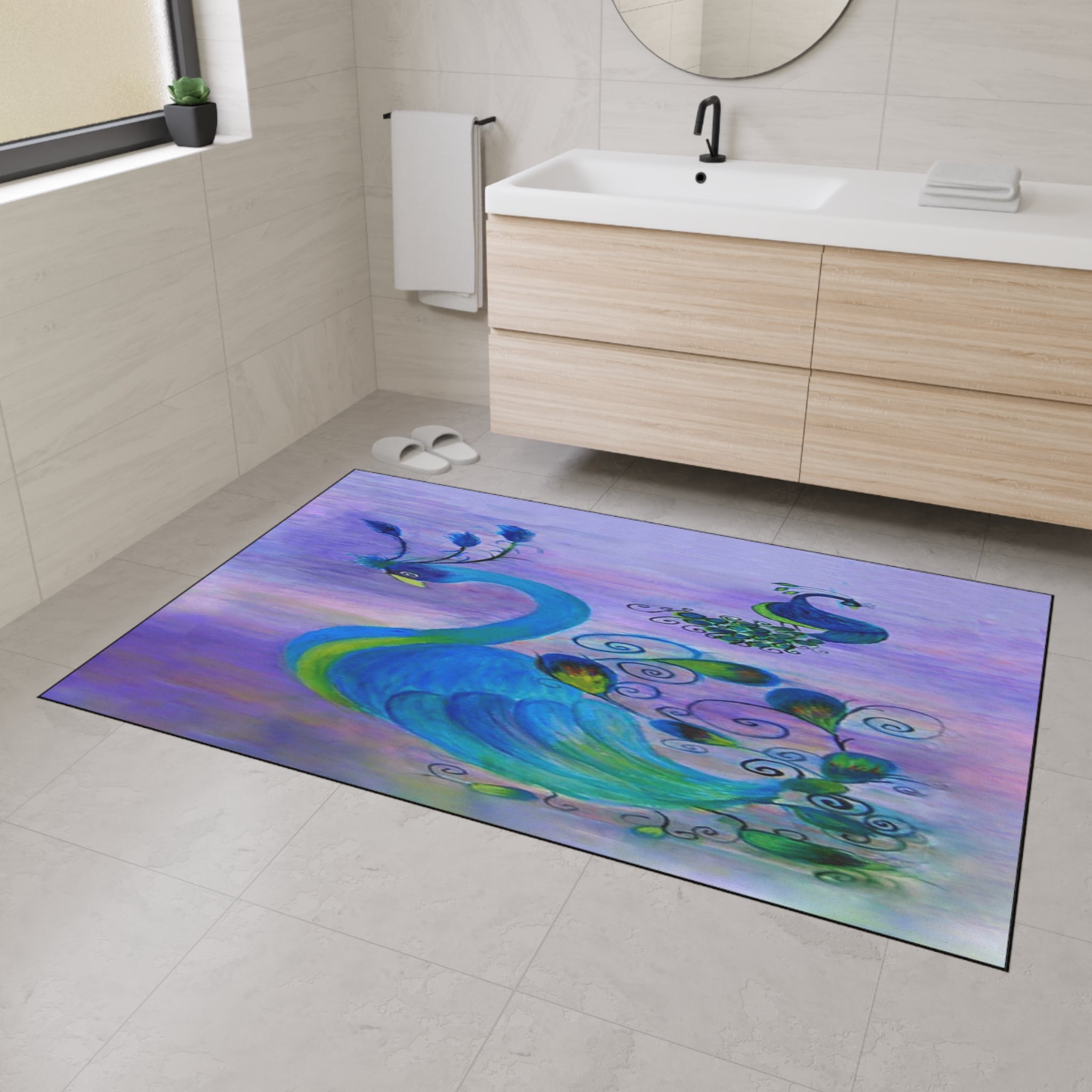 Peacock Art Heavy-Duty Floor Mat — Watercolor Blue & Purple Entry Rug