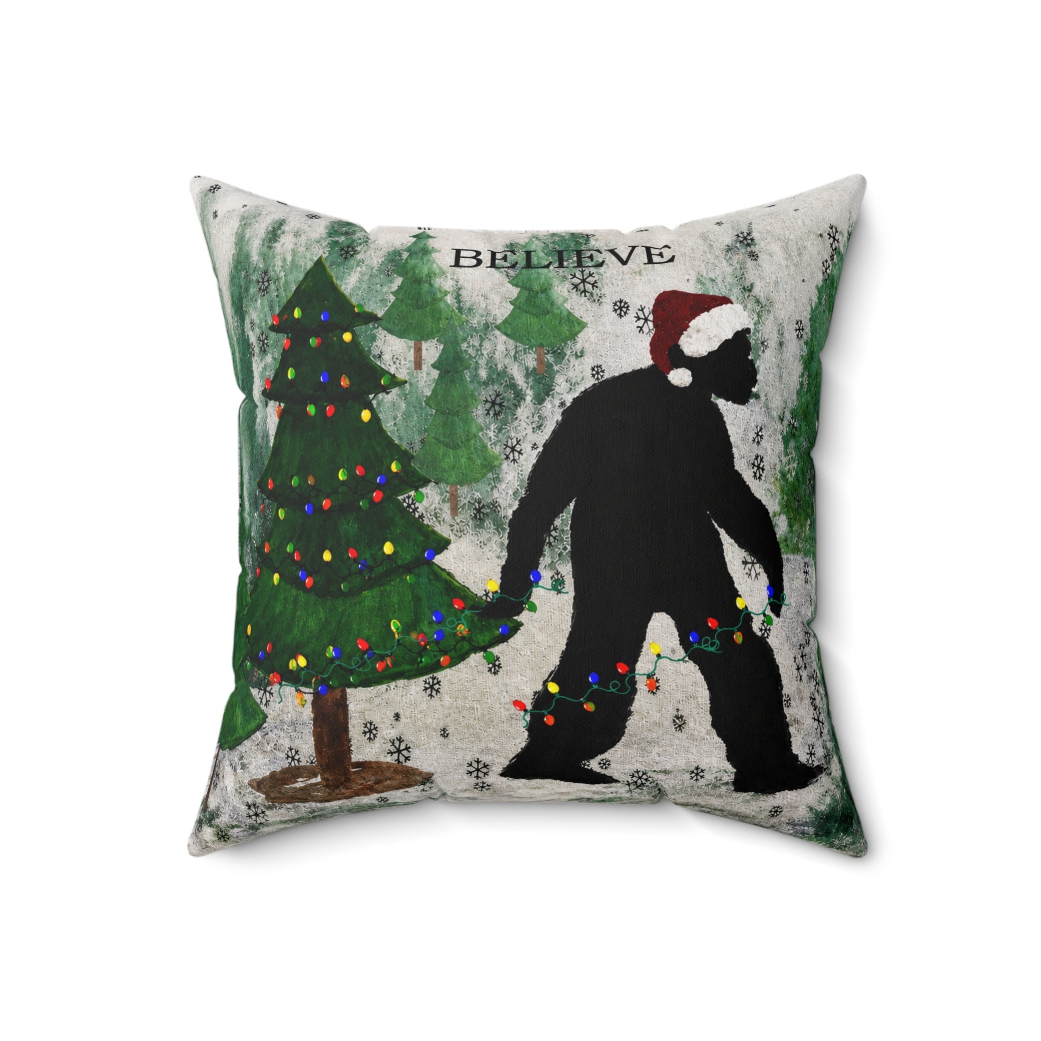 Christmas Bigfoot Pillow — 'Believe' Holiday Decorative Throw Pillow
