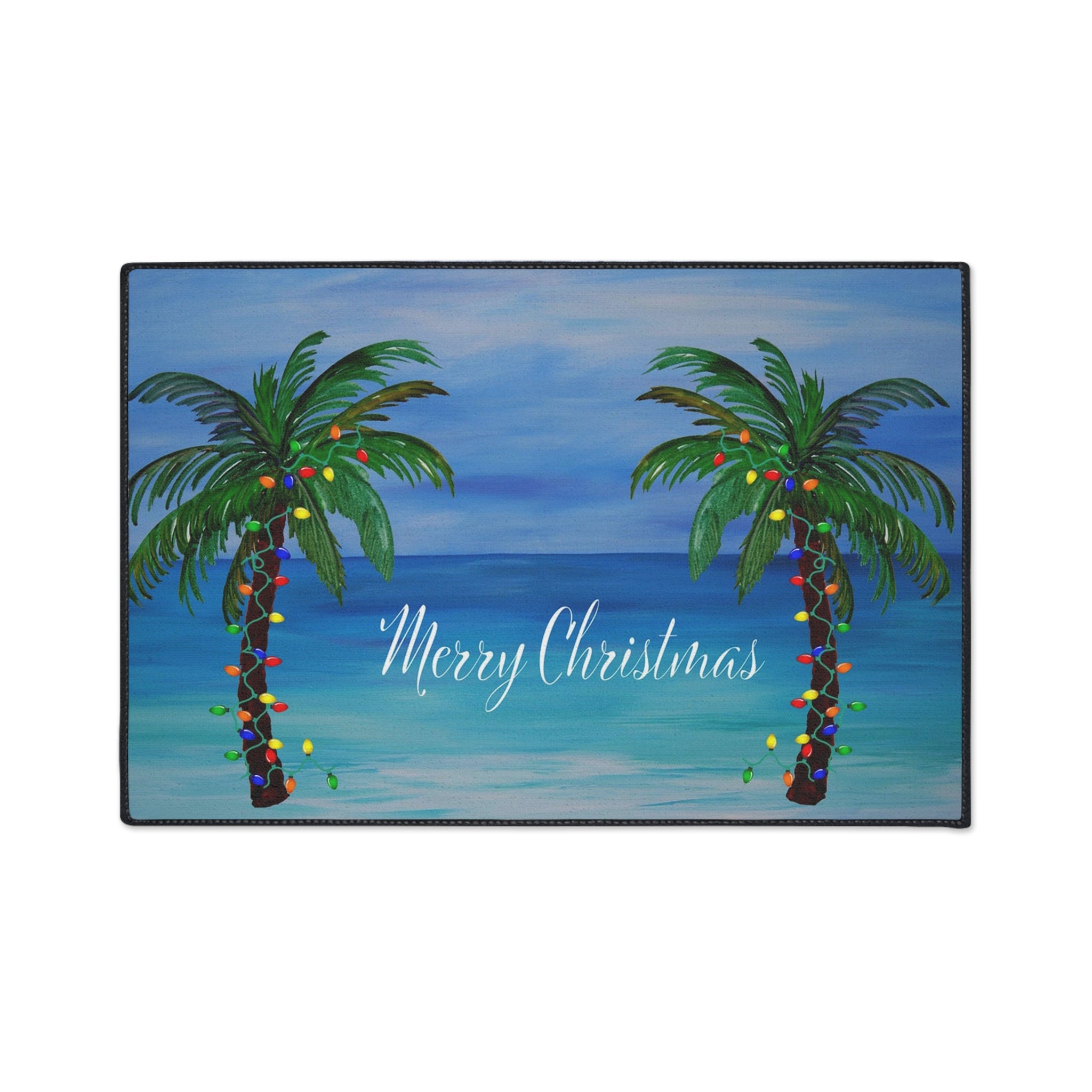 Merry Christmas Tropical Palm Doormat — Heavy Duty Holiday Floor Mat