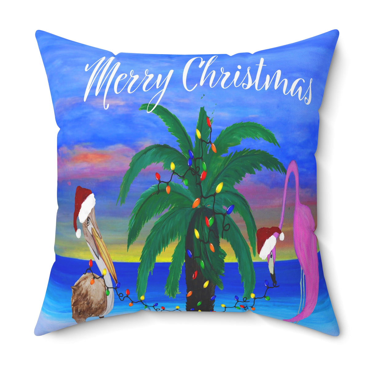 Christmas pelican and flamingo Santas trim a palm tree Holiday lights Spun Polyester Square Pillow