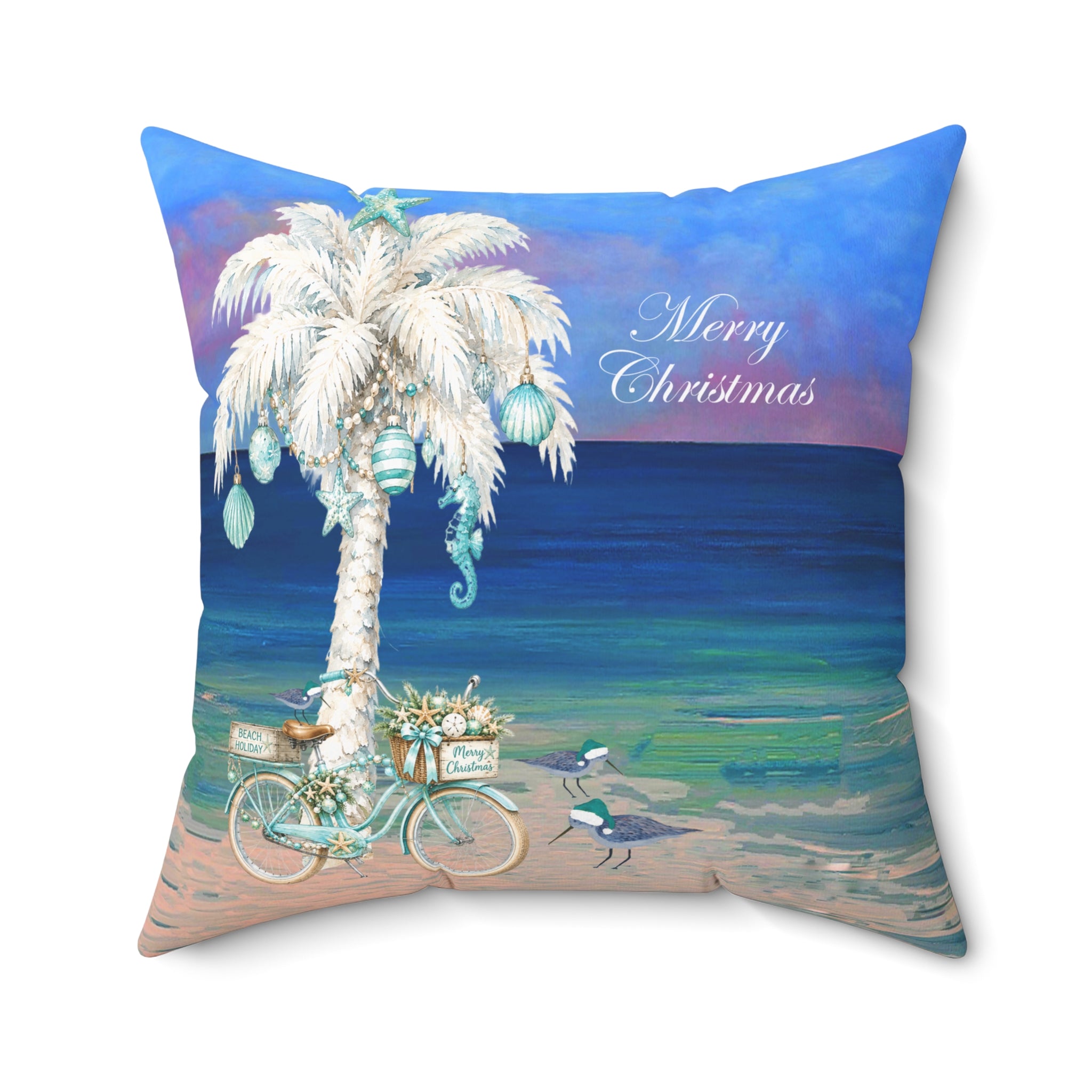 Coastal Christmas Pillow — Beach Palm Tree "Merry Christmas" Throw Pillow
