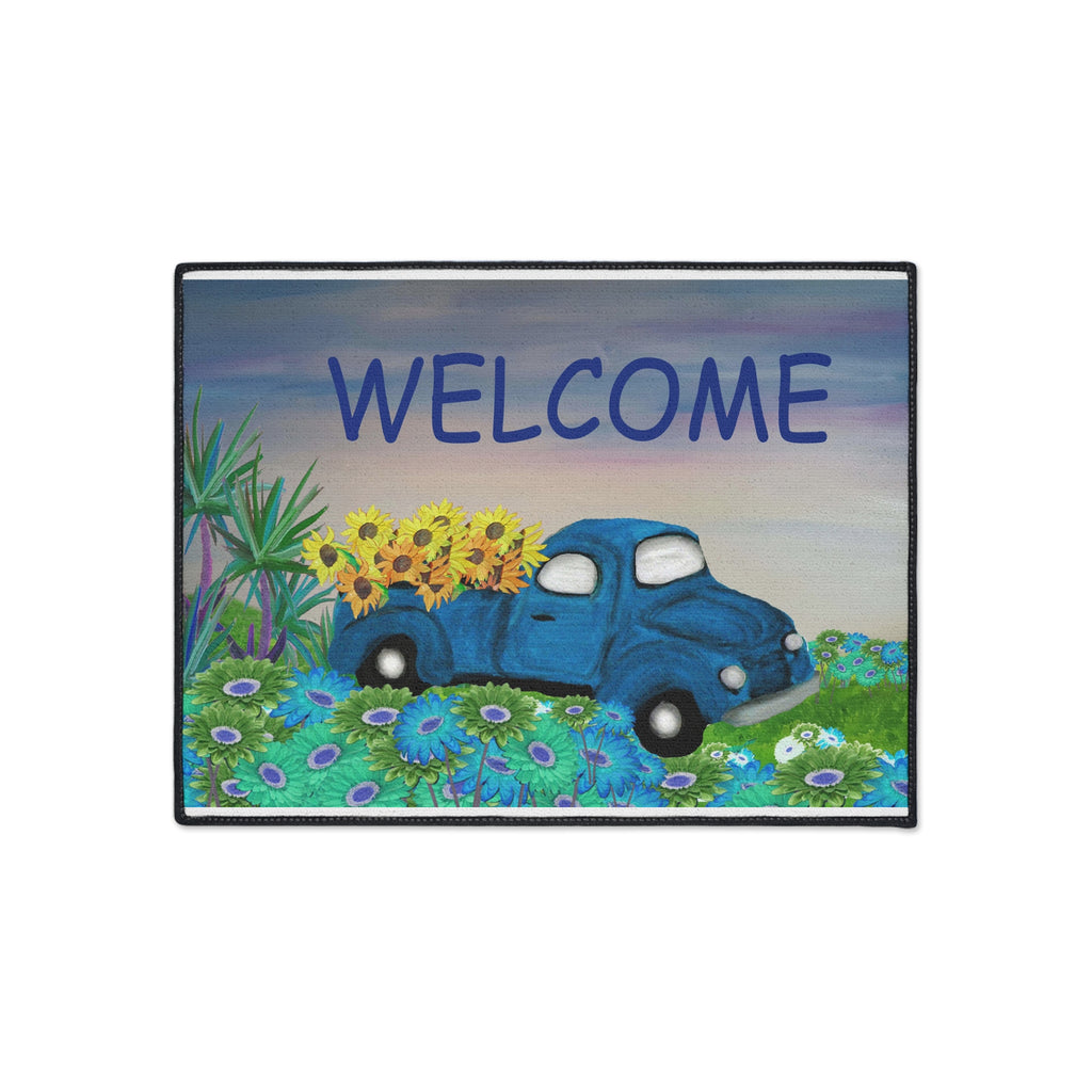 Welcome Blue Truck Doormat - Heavy Duty Floor Mat with Sunflowers