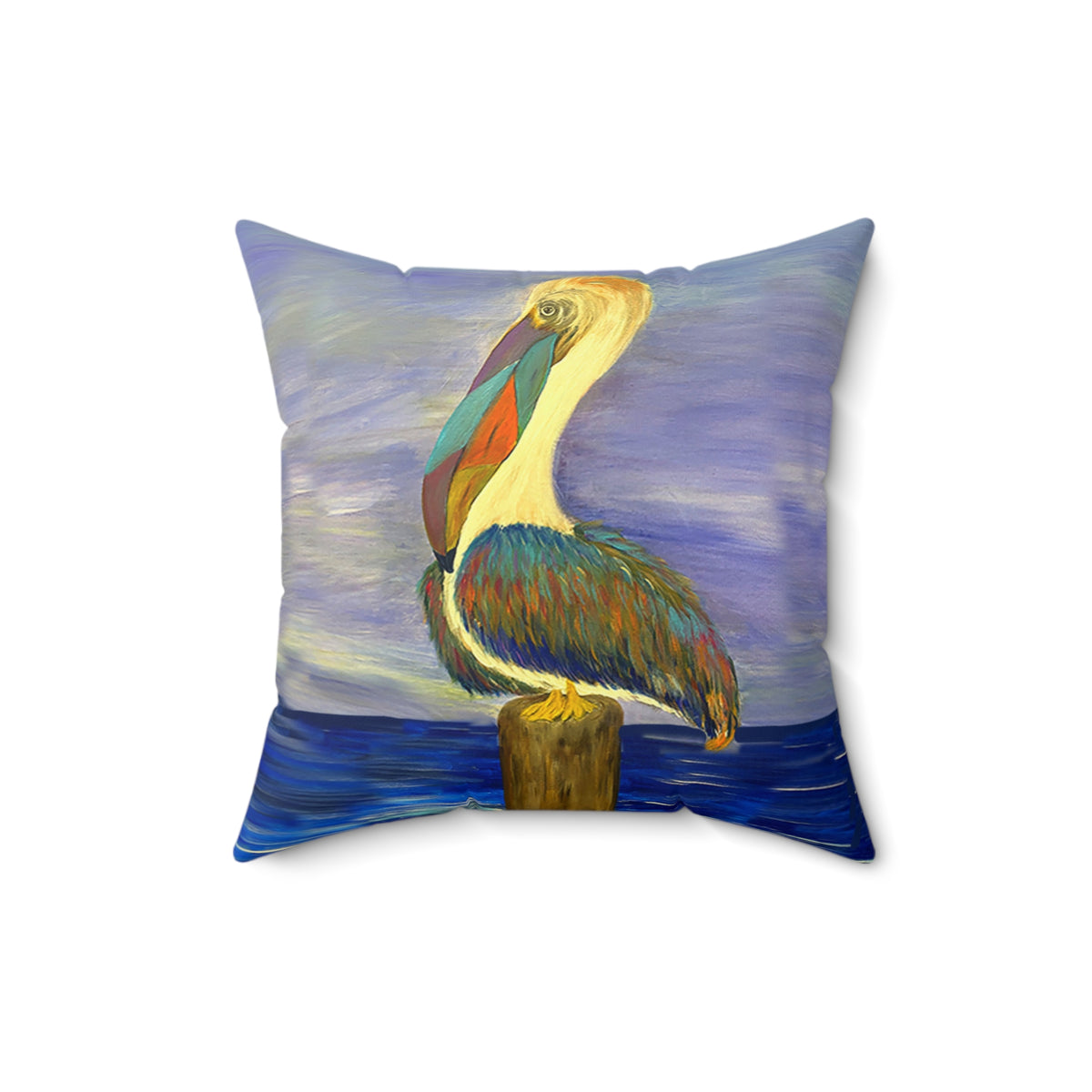 Pelican Art Pillow — Coastal Decorative Throw Pillow with Colorful Pelican Painting
