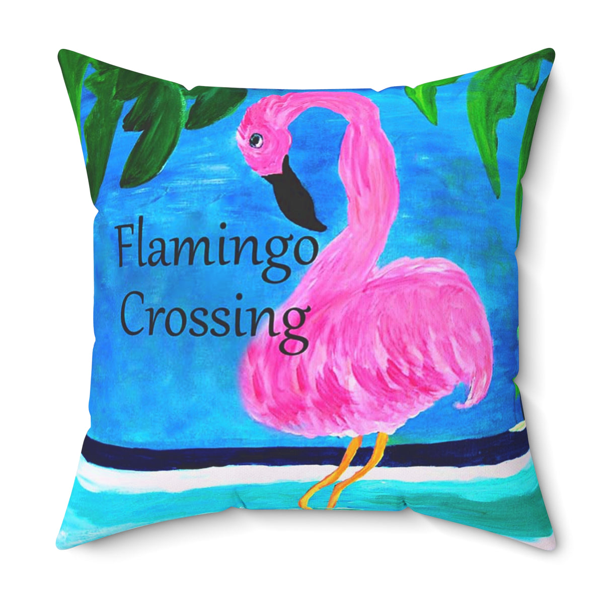 Flamingo Crossing Throw Pillow — Tropical Pink Flamingo Decorative Pillow