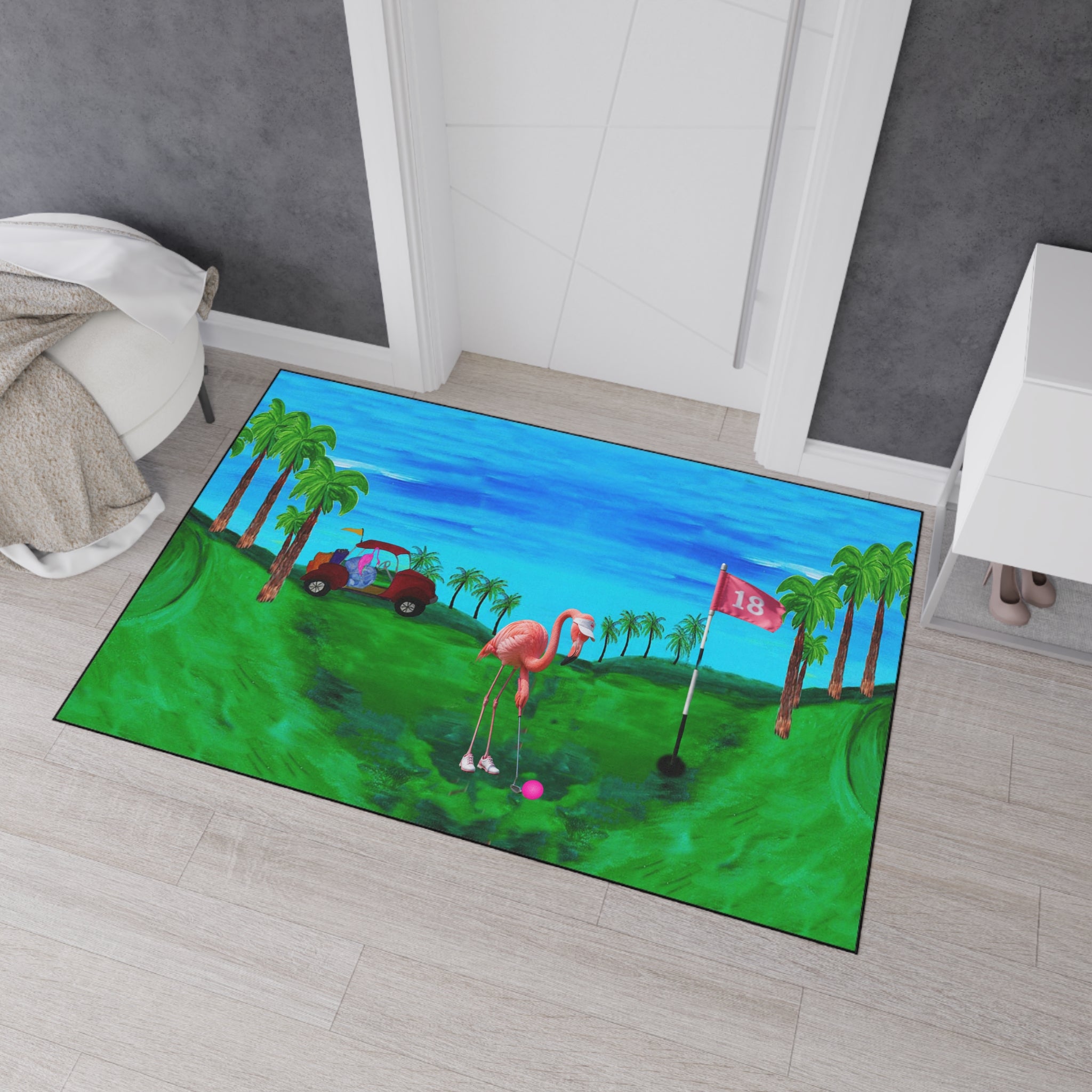 Golf Flamingo Heavy Duty Floor Mat — Tropical 18th Hole Welcome Mat
