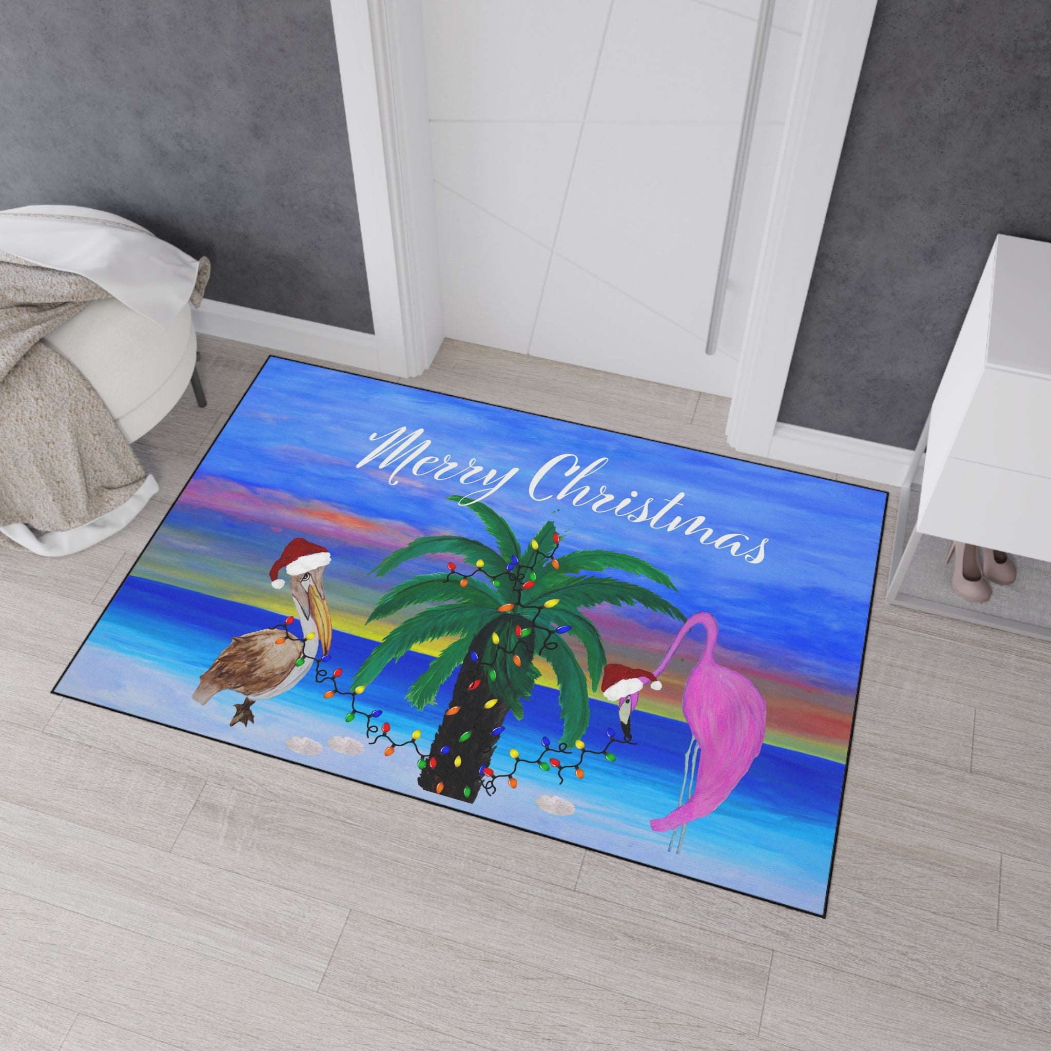 Christmas Beach Floor Mat – 'Merry Christmas' Palm Tree with Pelican & Flamingo Holiday Doormat
