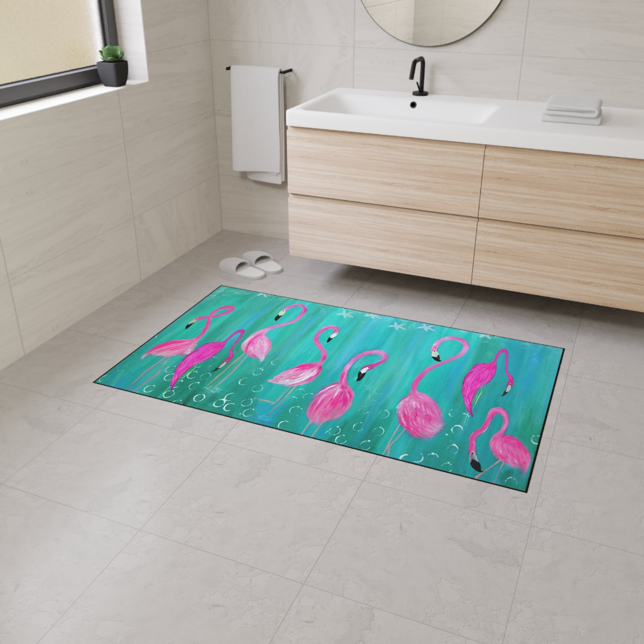 Flamingo Beach Floor Mat — Vibrant Pink Flamingos on Teal Non-Slip Mat
