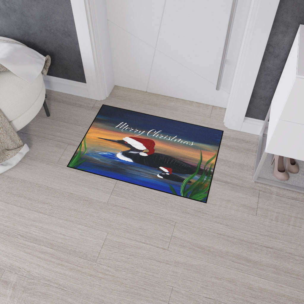 Christmas Loon Rug Doormat - "Merry Christmas" Holiday Waterfowl Floor Mat
