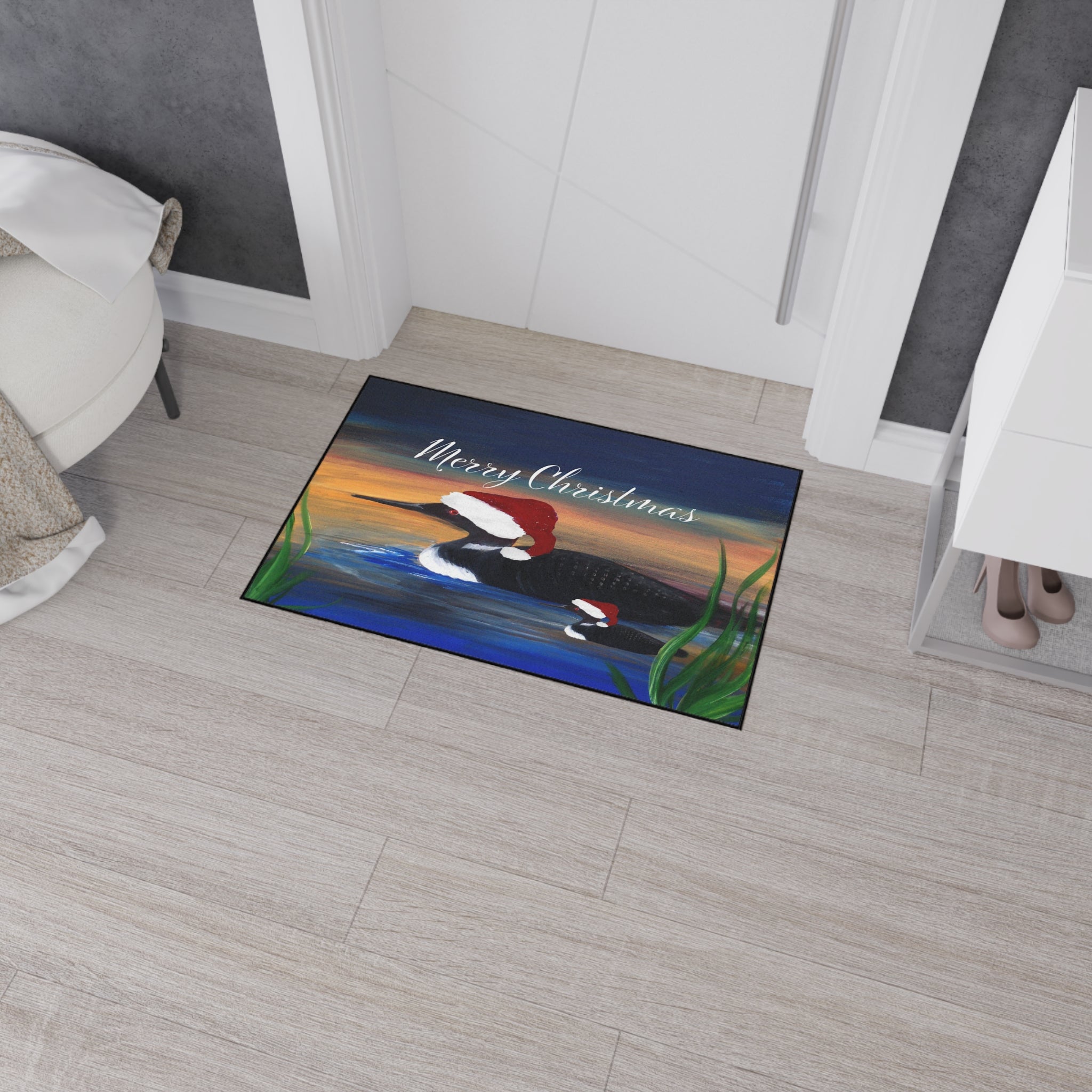Christmas Loon Rug Doormat - "Merry Christmas" Holiday Waterfowl Floor Mat