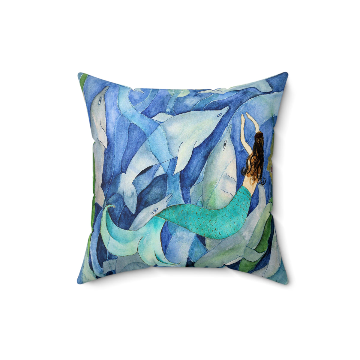 Mermaid & Dolphins Watercolor Throw Pillow — Ocean Blue Decorative Cushion