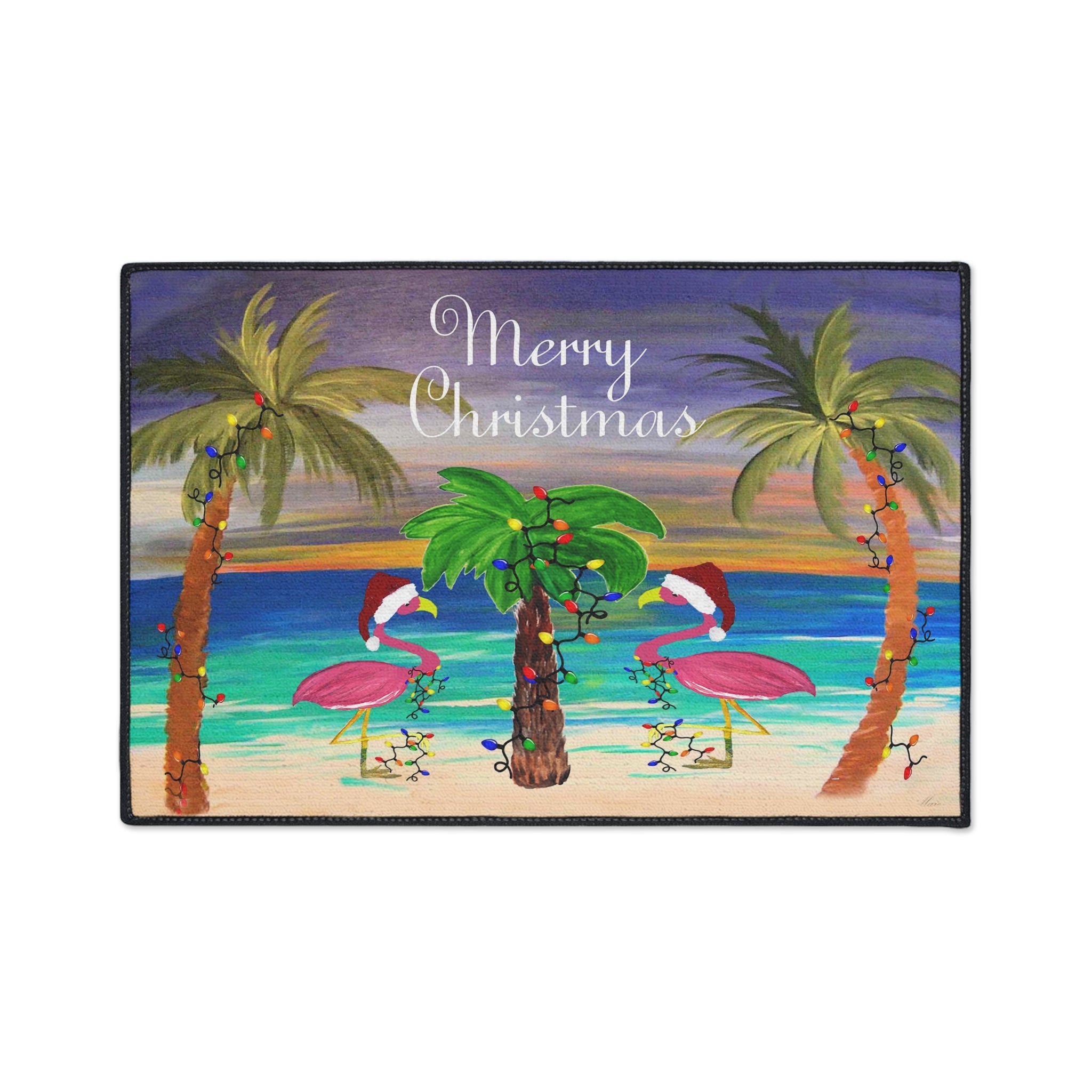 Christmas Beach Floor Mat — "Merry Christmas" Flamingo Palm Tree Doormat