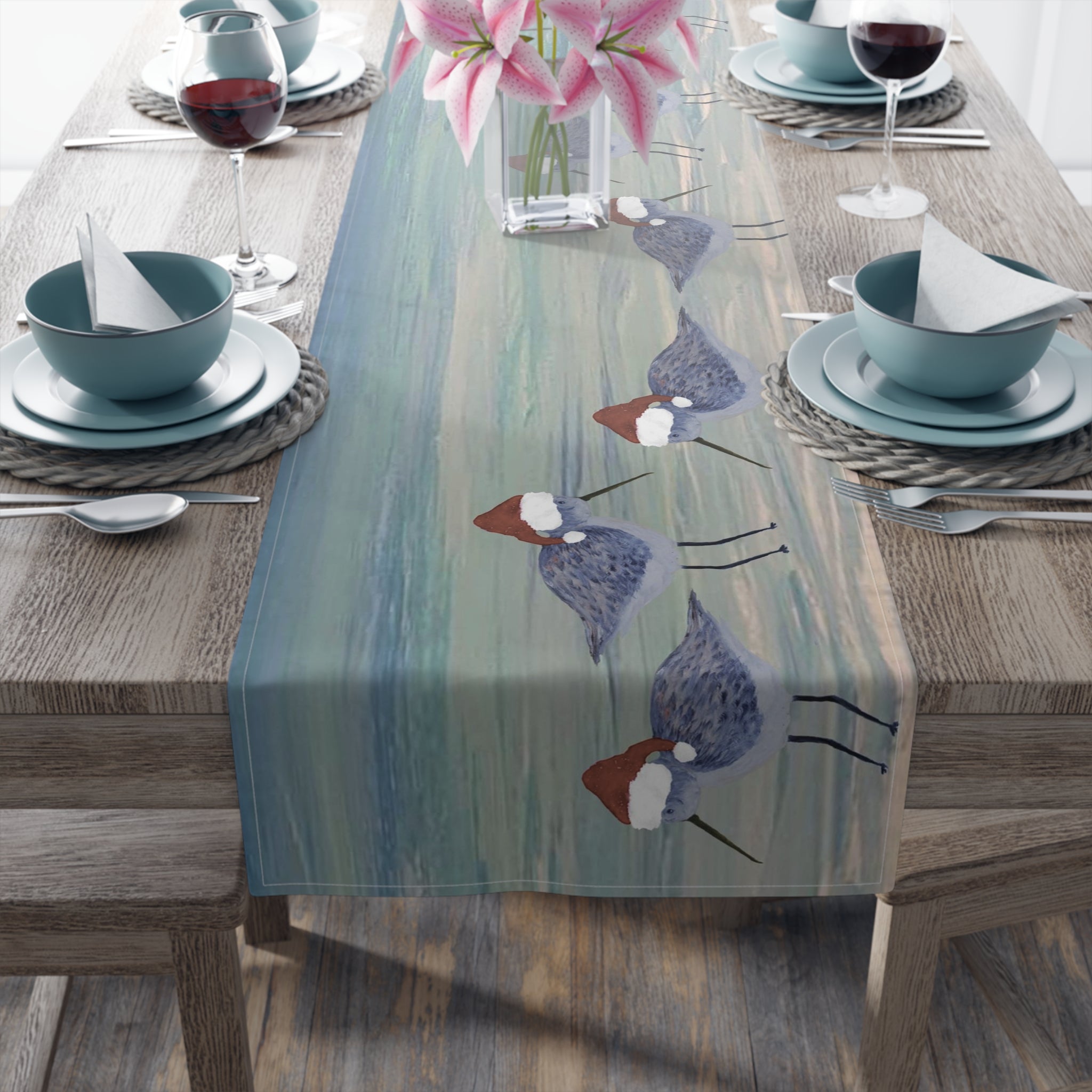 Christmas Holiday Coastal Sandpiper Table Runner — Blue Beach Shorebirds Cotton-Poly Décor