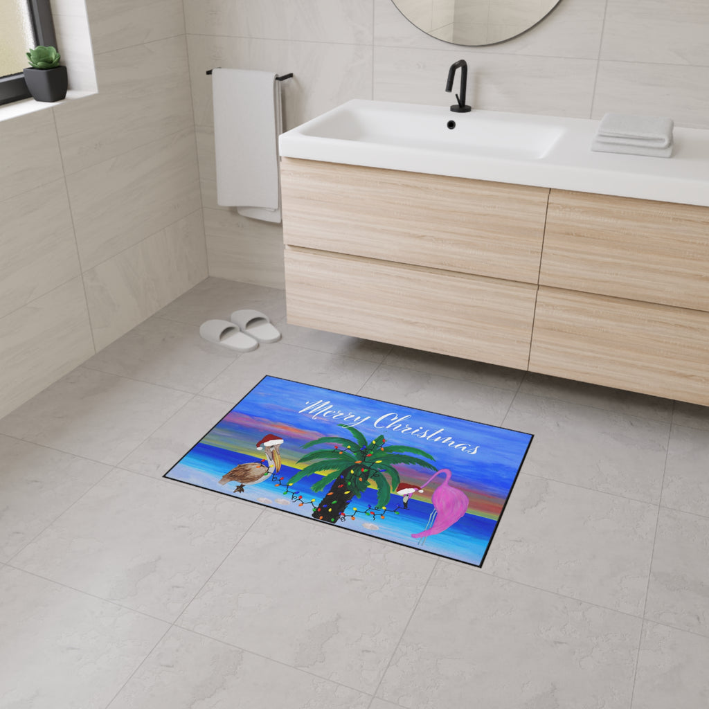 Christmas Beach Floor Mat – 'Merry Christmas' Palm Tree with Pelican & Flamingo Holiday Doormat