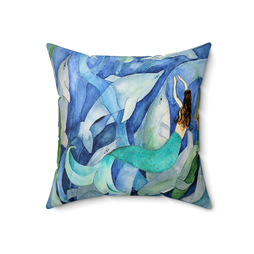Mermaid & Dolphins Blue Watercolor Throw Pillow