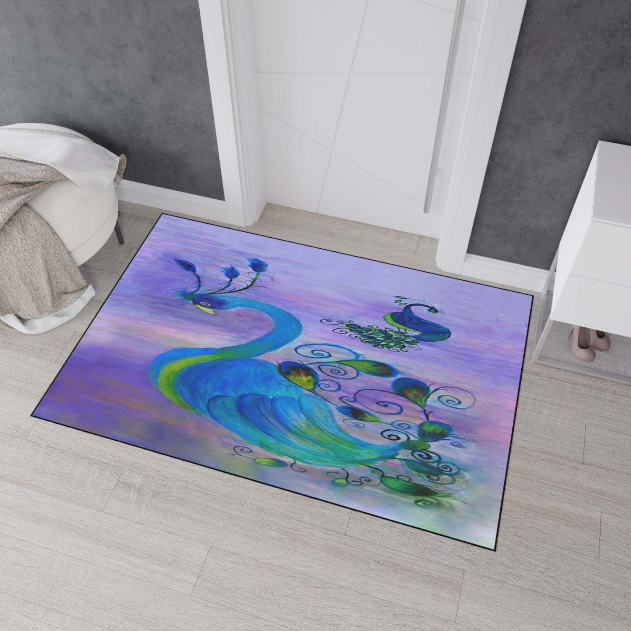 Peacock Art Heavy-Duty Floor Mat — Watercolor Blue & Purple Entry Rug