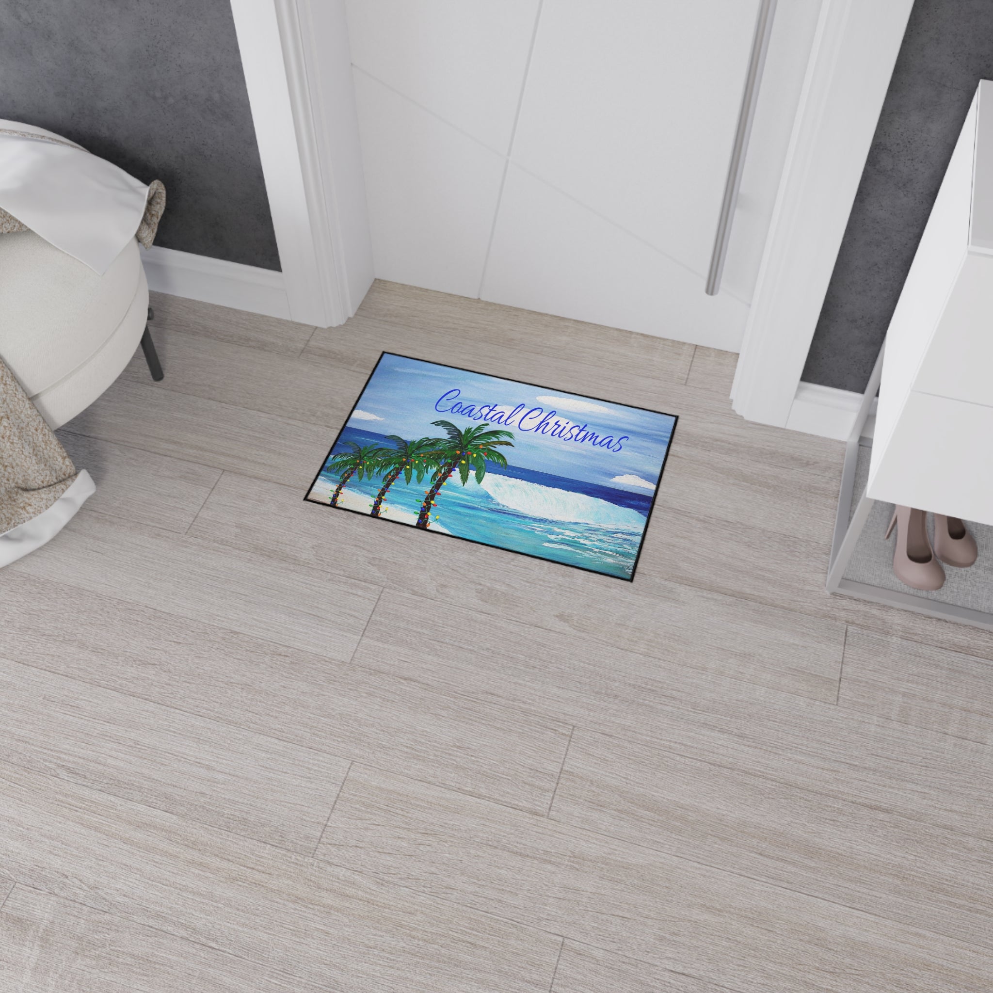 Coastal Christmas Floor Mat — Beach Palm Trees Holiday Doormat