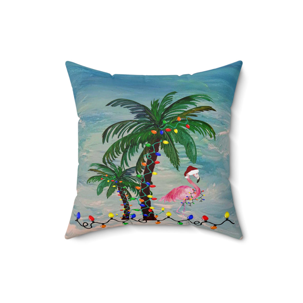 Tropical Christmas Palm Pillow — Flamingo with Holiday Lights