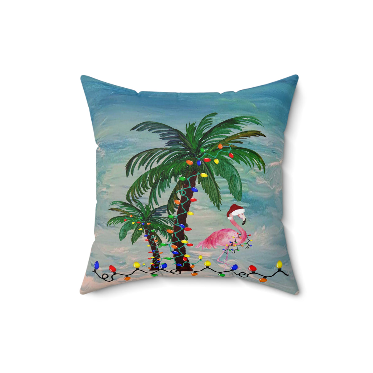 Tropical Christmas Palm Pillow — Flamingo with Holiday Lights