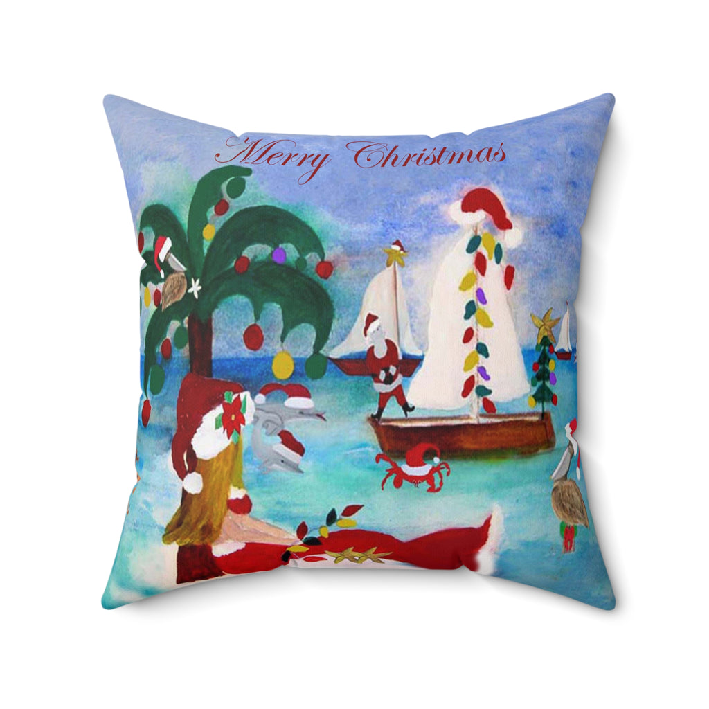 Christmas Coastal Pillow — 'Merry Christmas' Tropical Santa Decorative Throw Pillow