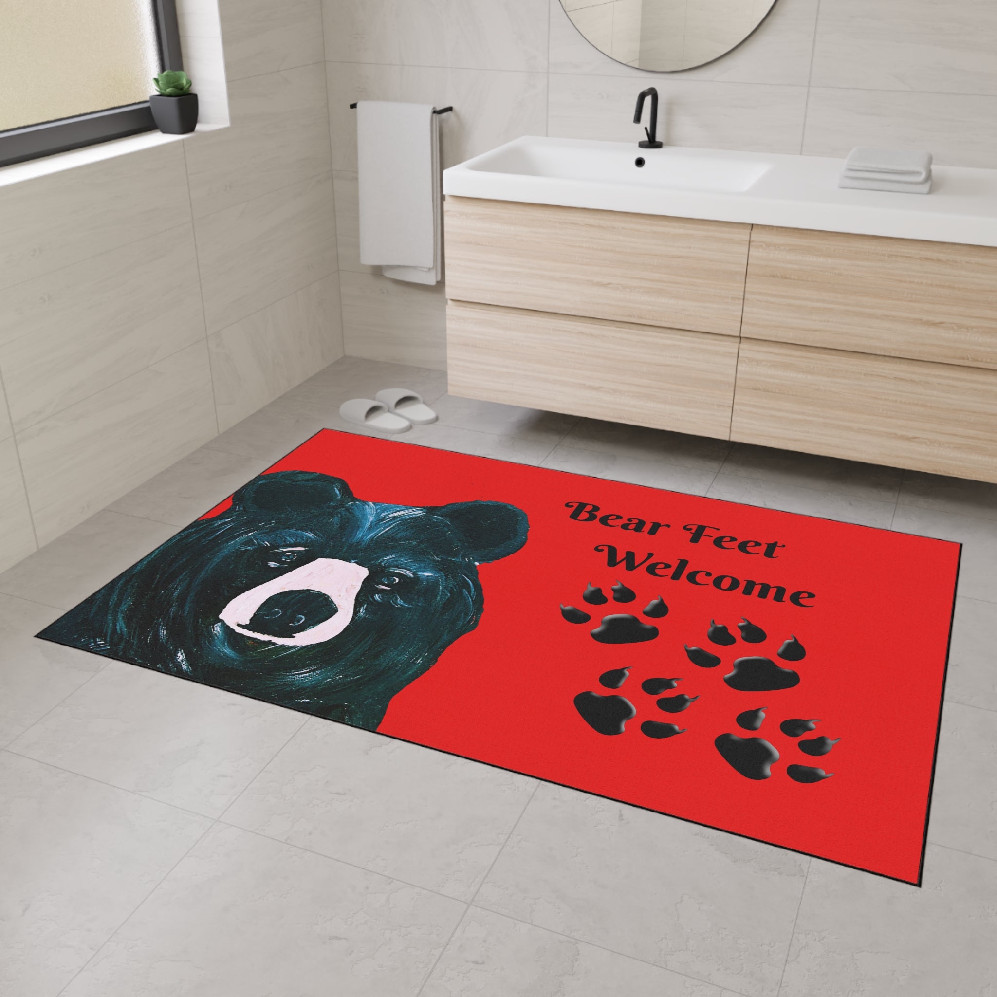 Bear Feet Welcome Heavy-Duty Floor Mat — Red Cabin Doormat with Bear Paw Prints