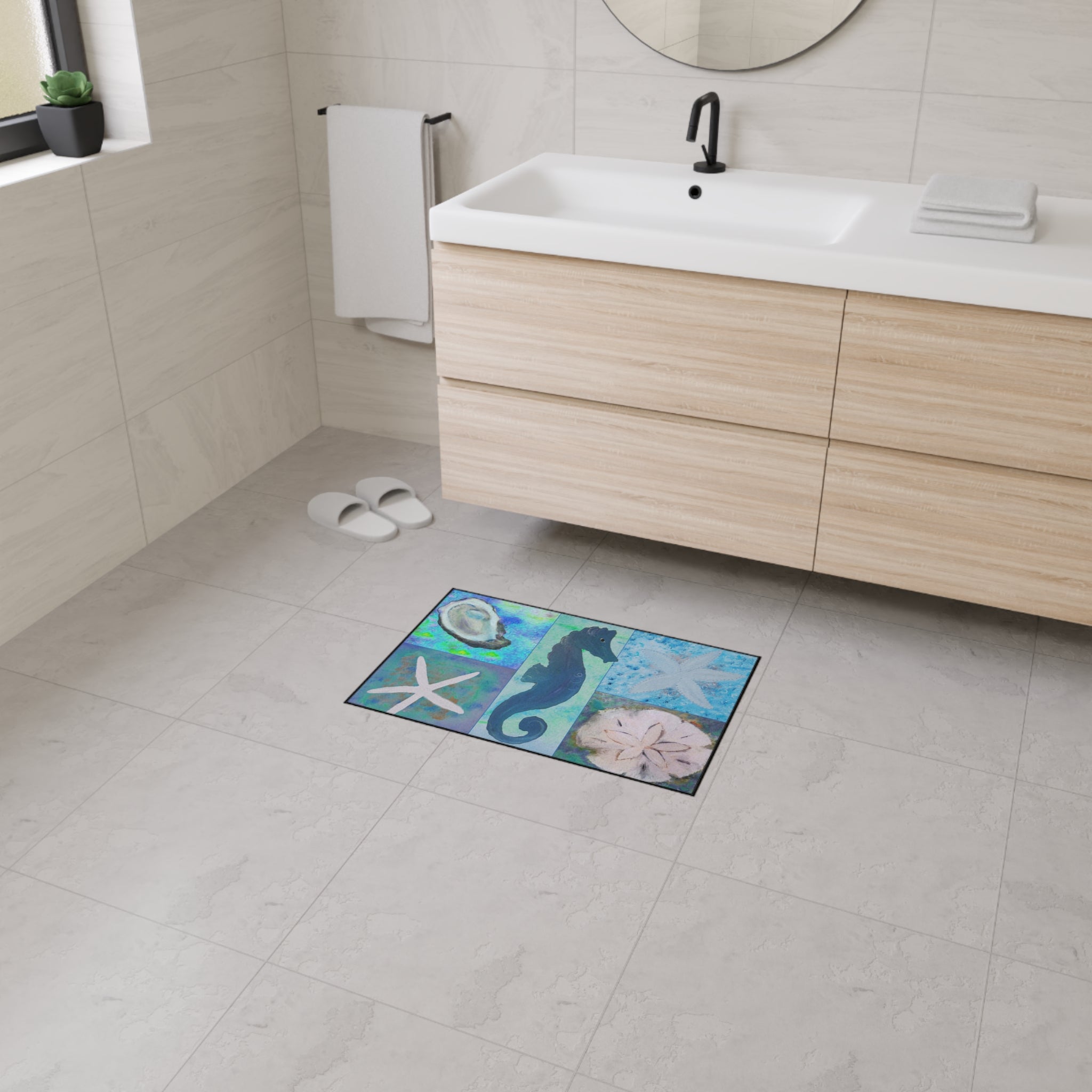 Coastal Sea Life Floor Mat — Seahorse, Starfish & Sand Dollar Rug