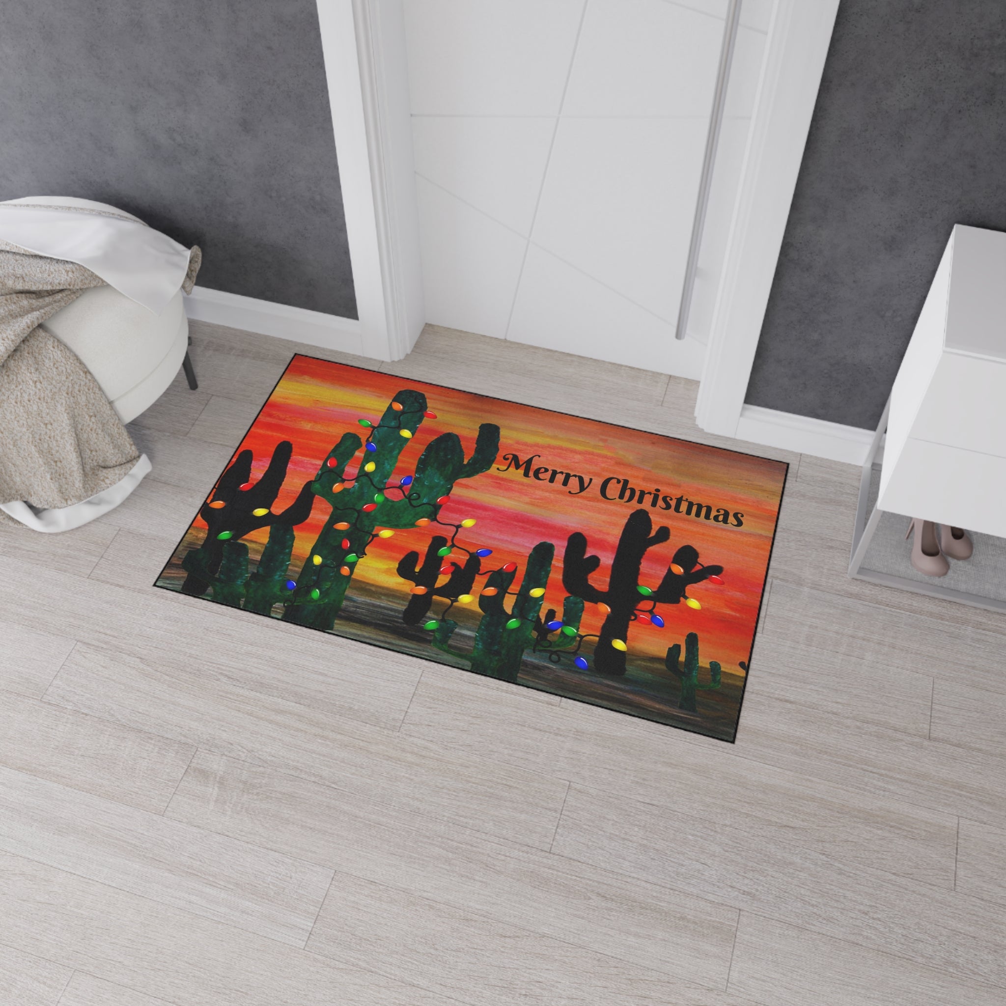 Christmas Cactus Doormat - "Merry Christmas" Desert Sunset Floor Mat