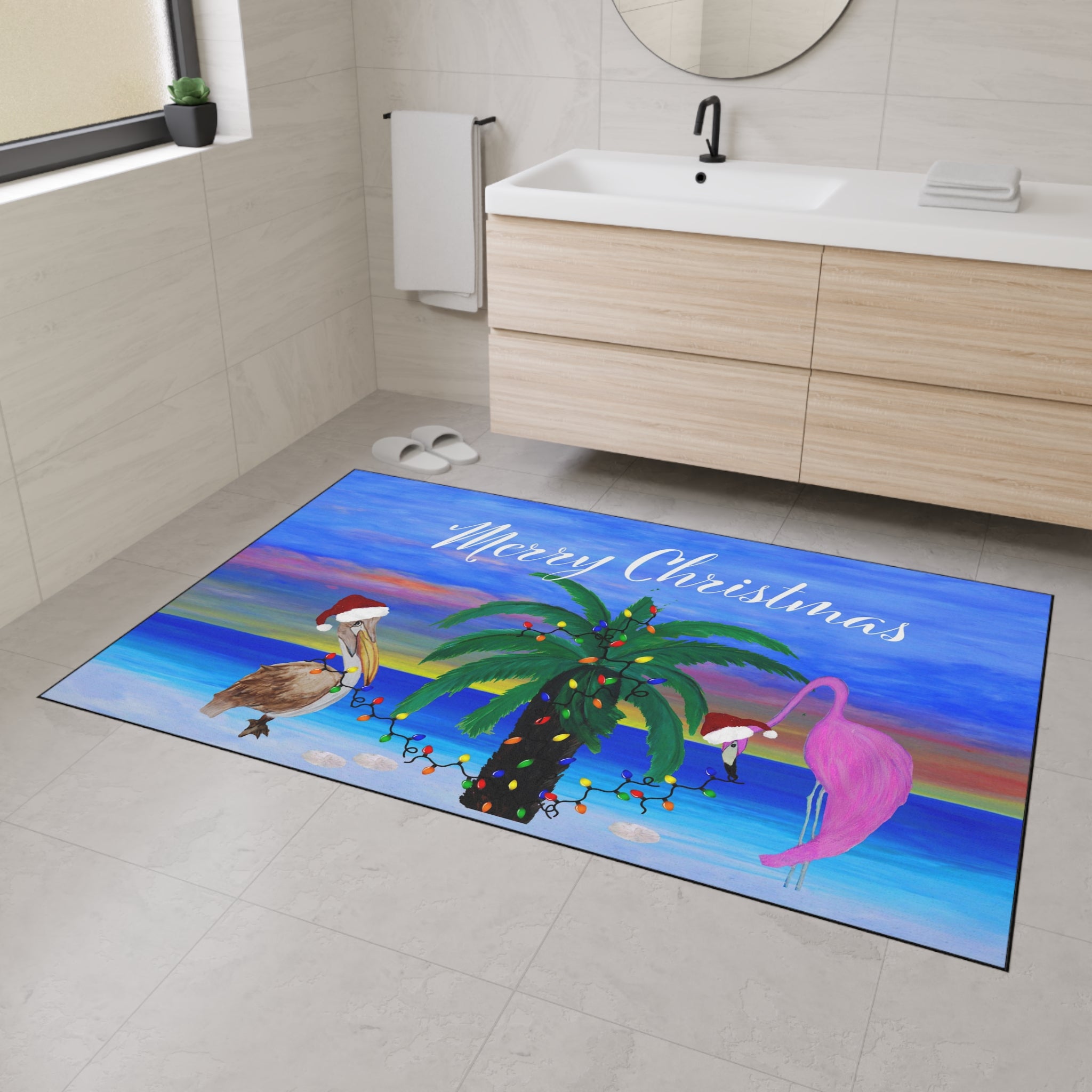 Christmas Beach Floor Mat – 'Merry Christmas' Palm Tree with Pelican & Flamingo Holiday Doormat