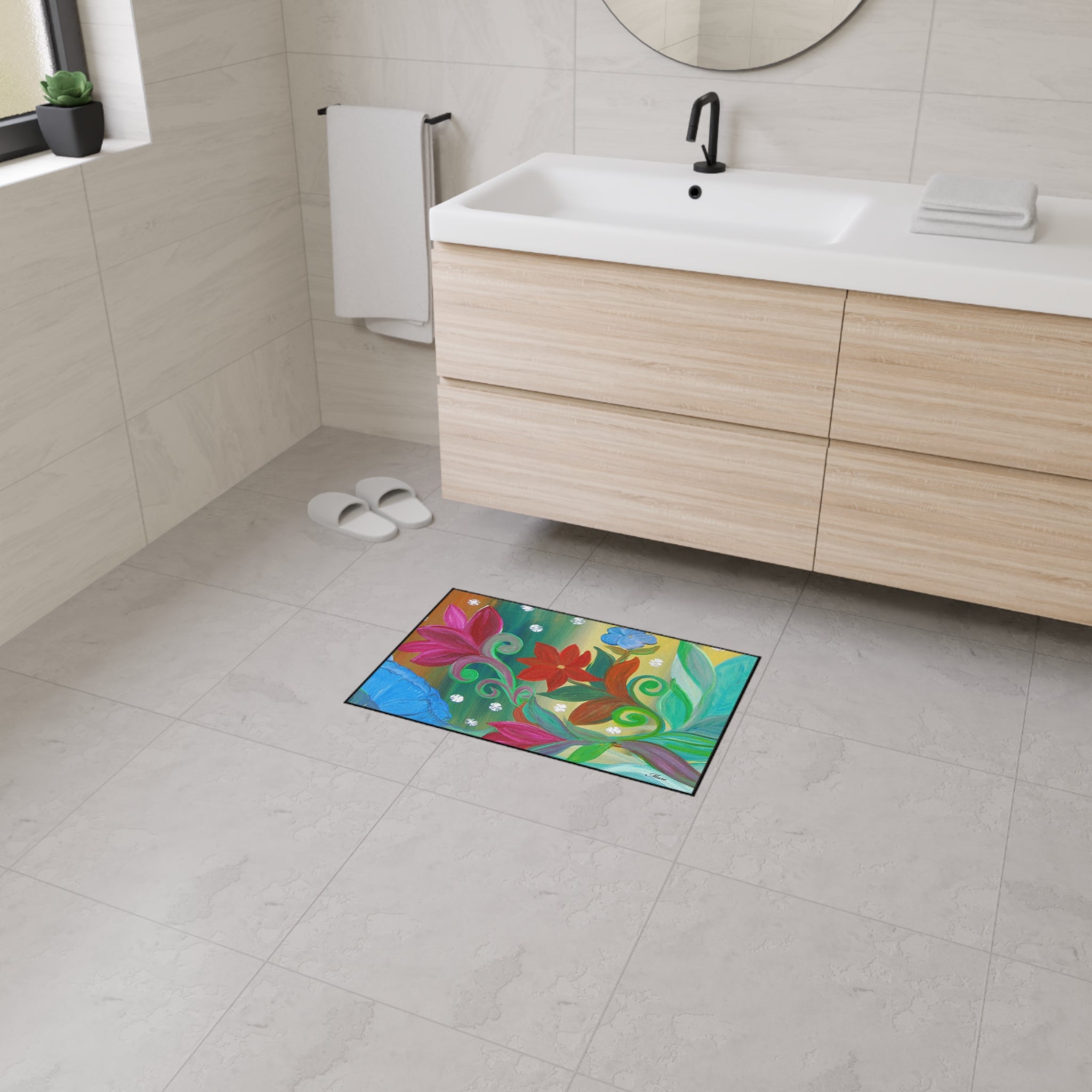 Floral Bloom Heavy Duty Floor Mat – Colorful Tropical Flowers Welcome Rug