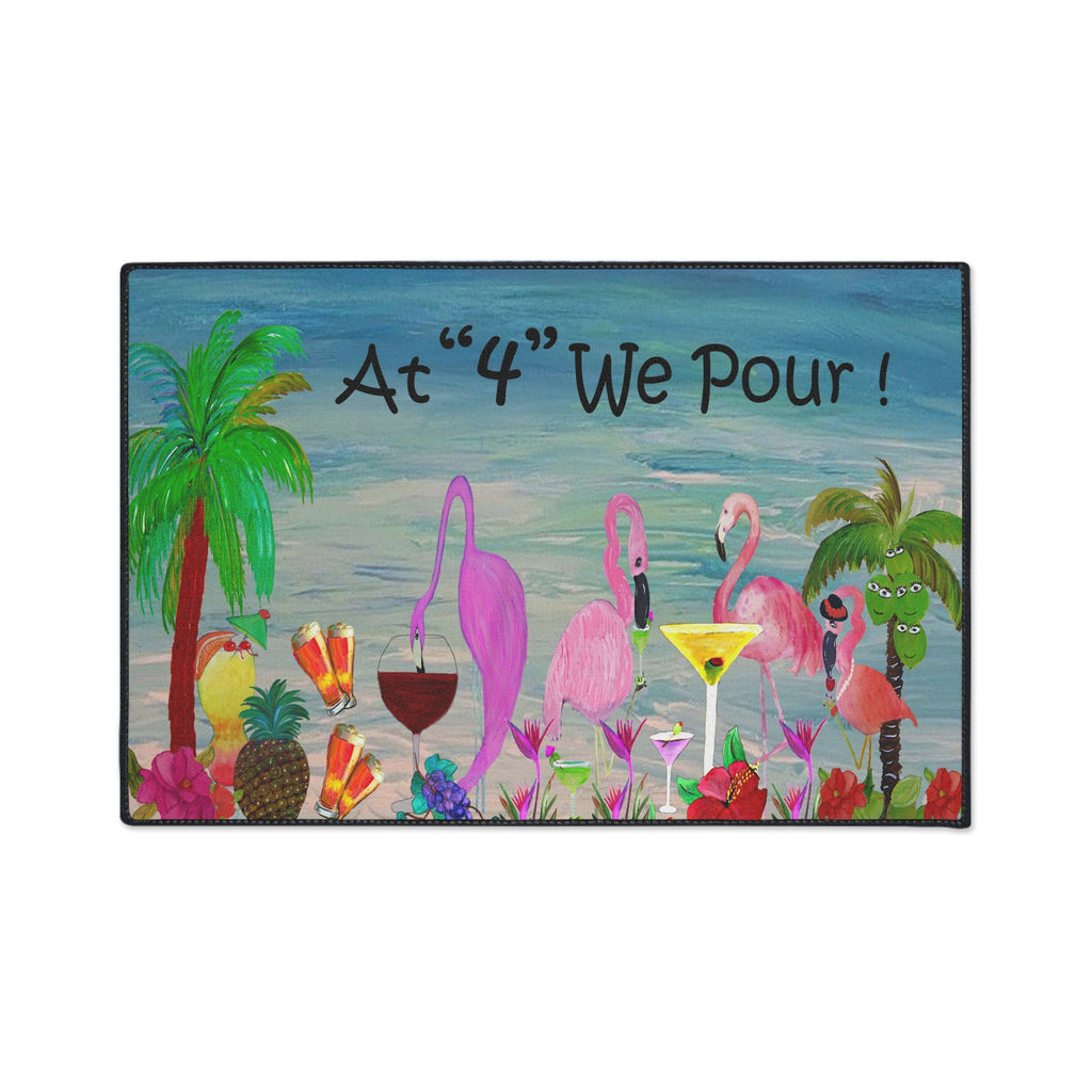 Tropical Flamingo Cocktails Doormat — "At '4' We Pour!" Heavy Duty Floor Mat
