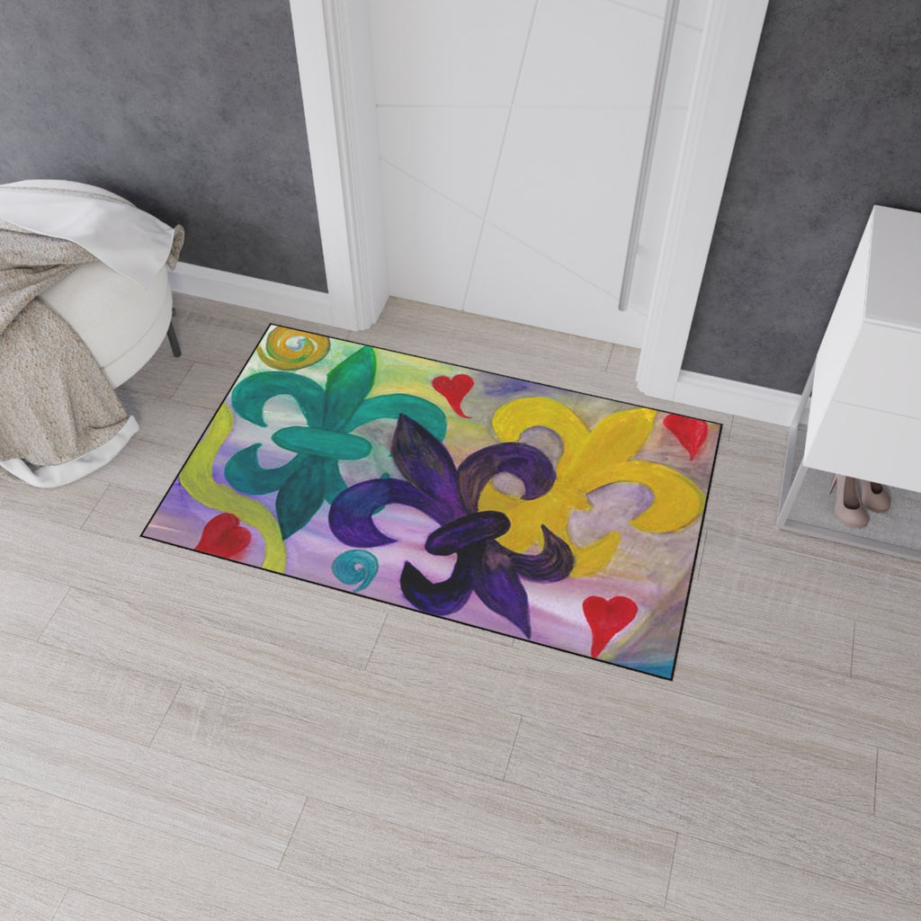 Mardi Gras Fleur-de-Lis Heavy Duty Floor Mat — Colorful Hearts & Fleur Design
