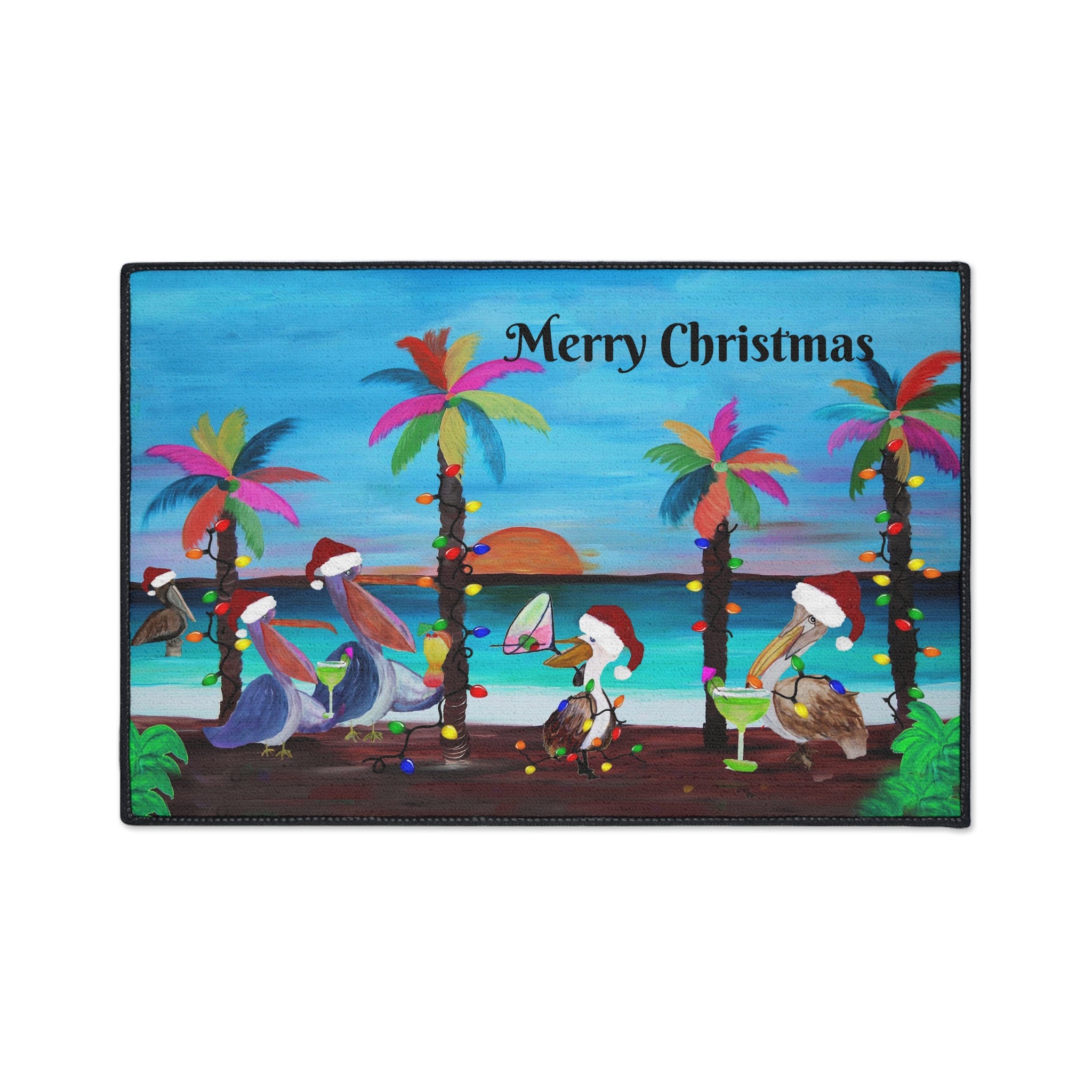 Christmas Pelican Beach Mat — "Merry Christmas" Holiday Doormat