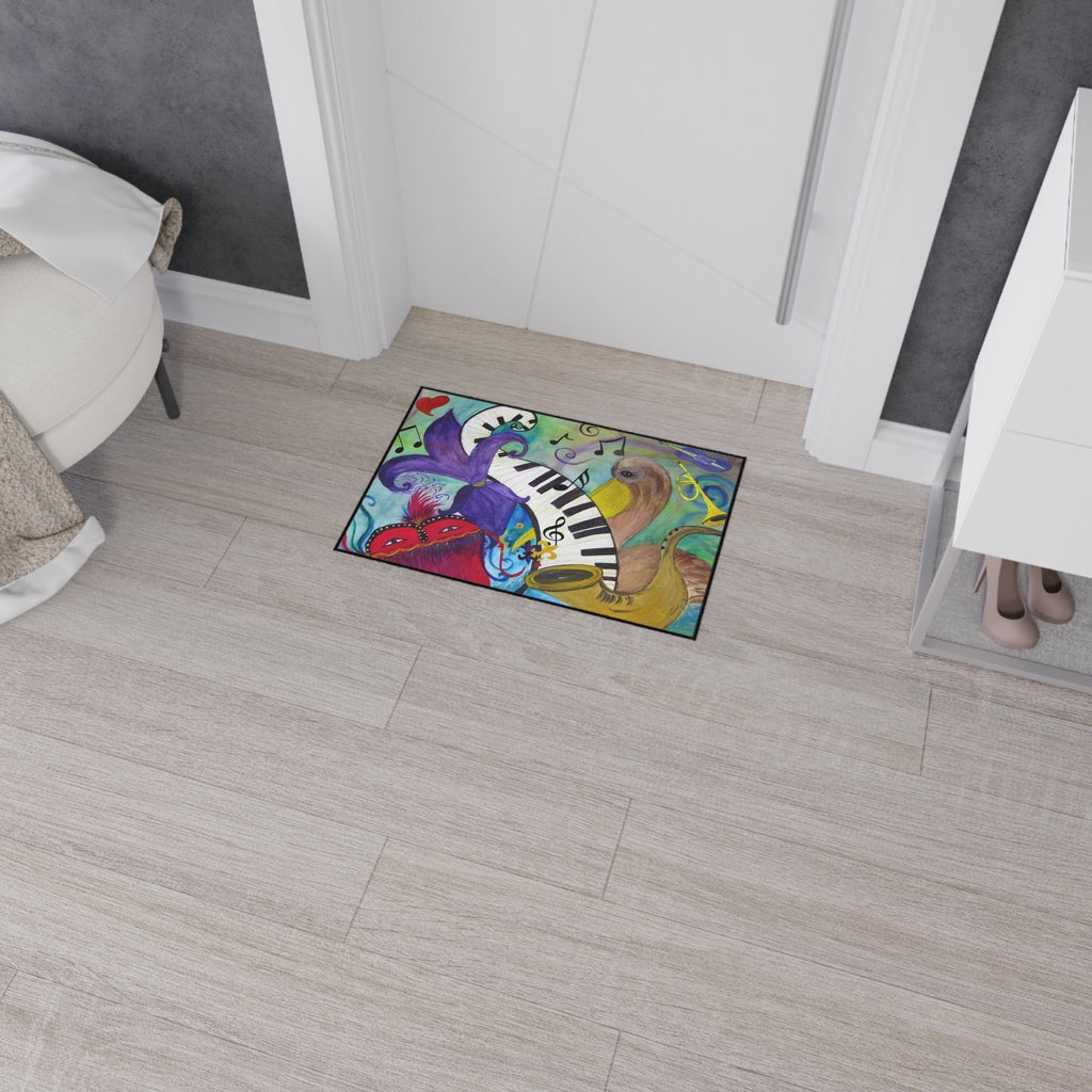 Mardi Gras Jazz Floor Mat — Colorful Musical Mask & Saxophone Doormat