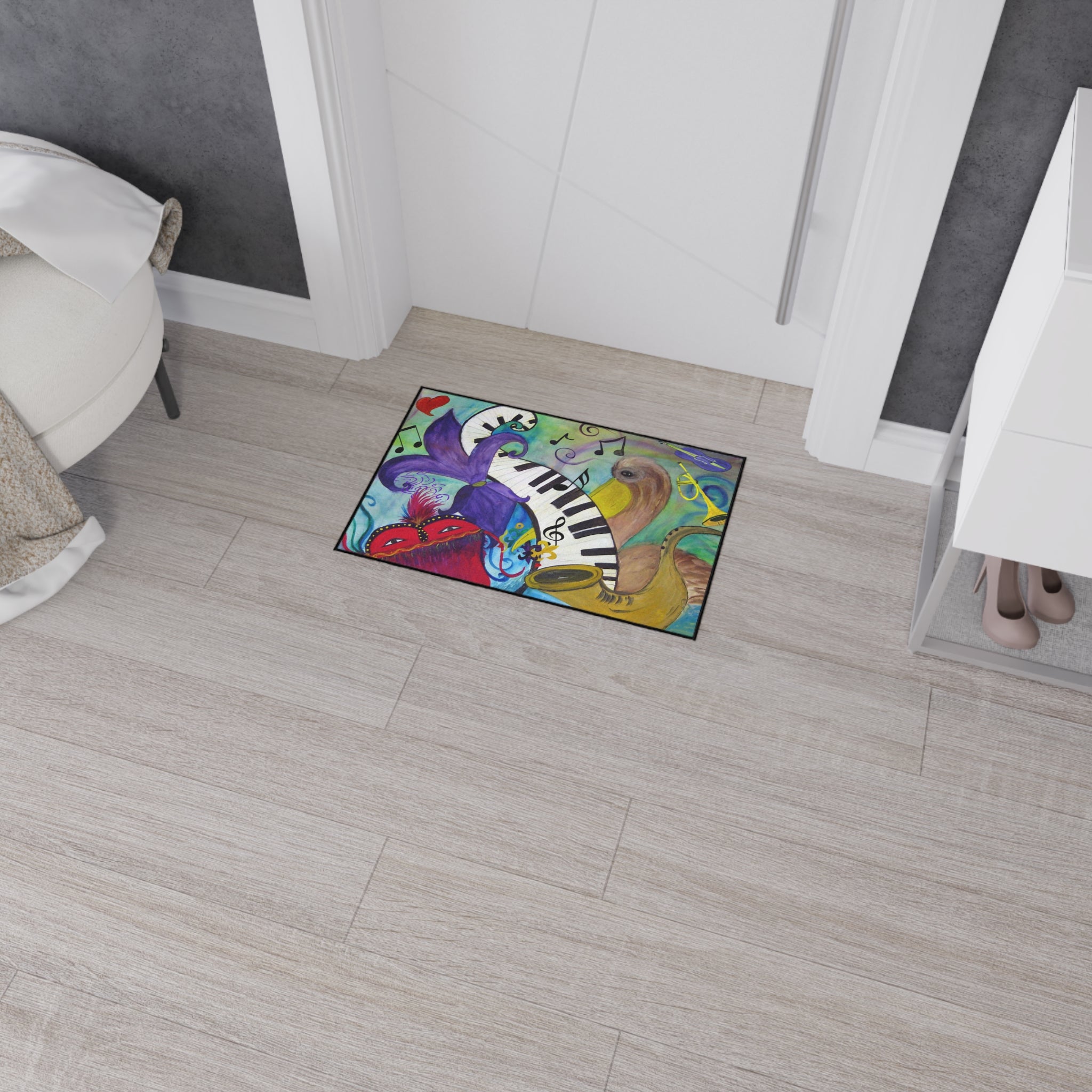 Mardi Gras Jazz Floor Mat — Colorful Musical Mask & Saxophone Doormat