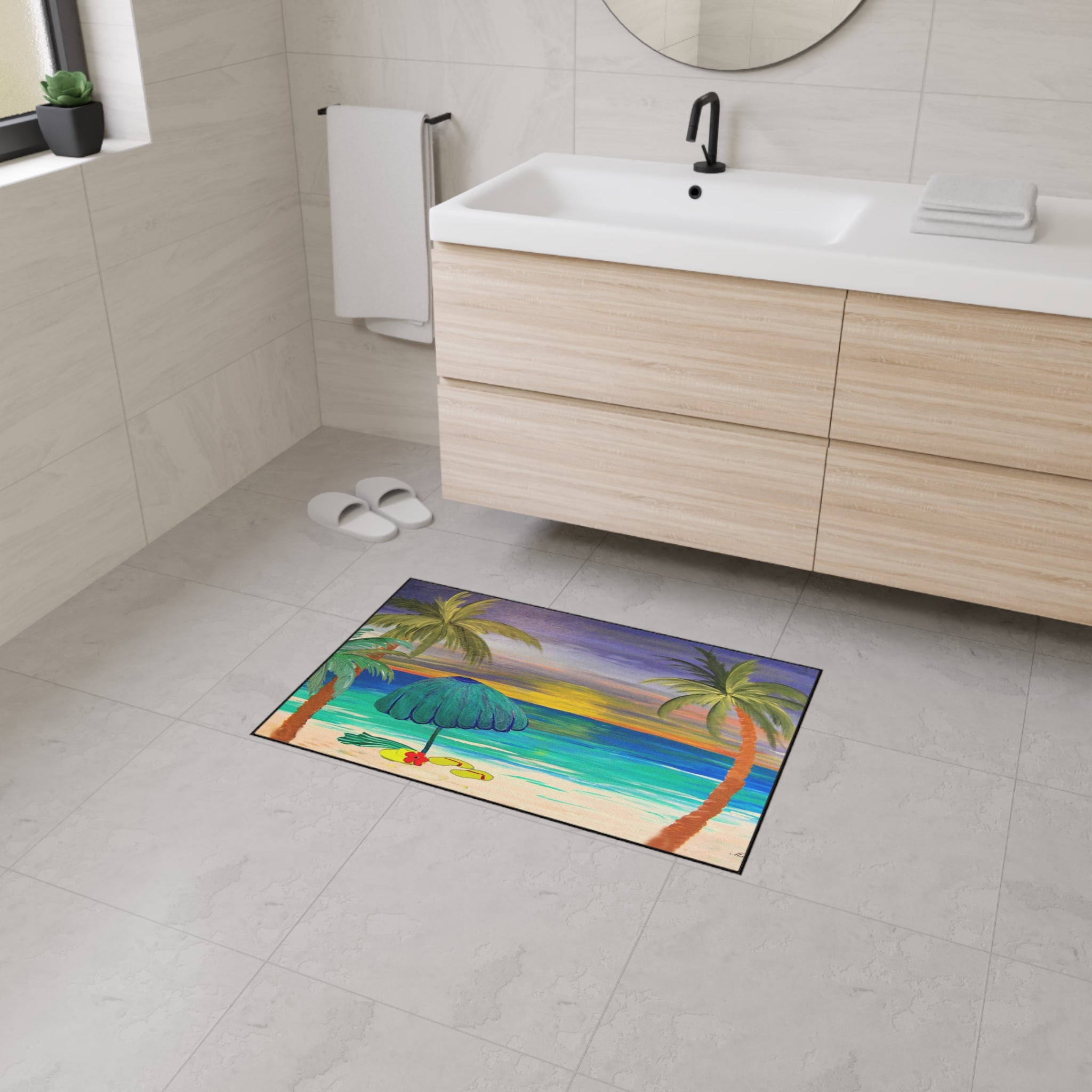 Tropical Sunset Beach Floor Mat — Palm Trees & Umbrella Seaside Doormat