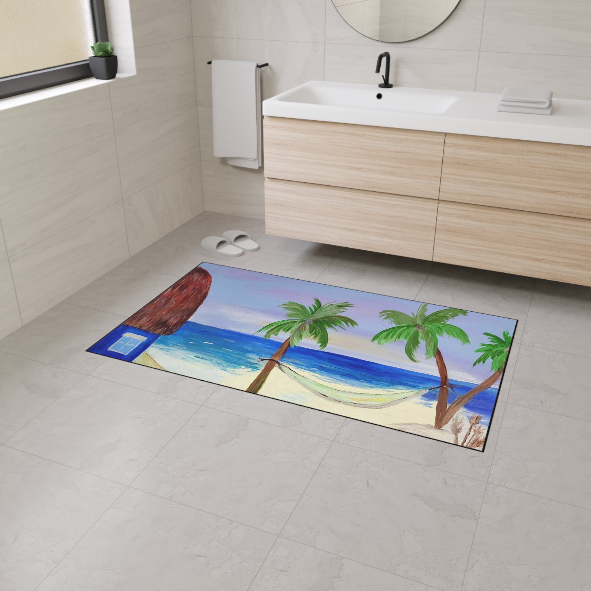 Beach Scene Heavy Duty Floor Mat — Tropical Hammock Palm Tree Doormat